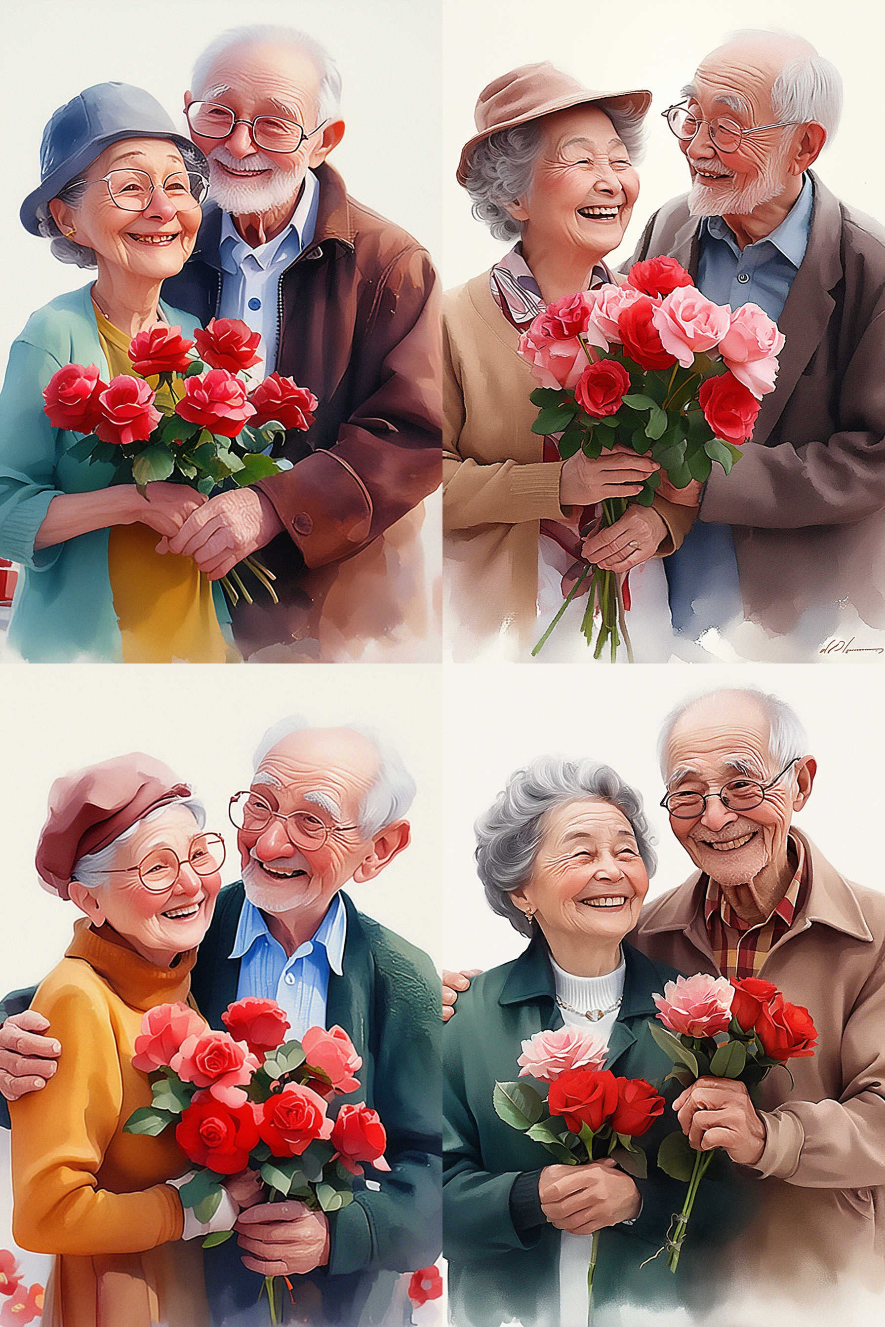 中国老夫妻手持鲜花，微笑着看向镜头。背景干净，色彩鲜艳，充满了超级波普和3d卡通风格。照片极具精致感，呈现出梦工厂动画效果，迪士尼动画人物和皮克斯风格的肖像。照明柔和，光线跟踪清晰，细节丰富，给人一种温馨甜美的感觉。最佳画质的8k柔焦，使照片更加逼真可爱。