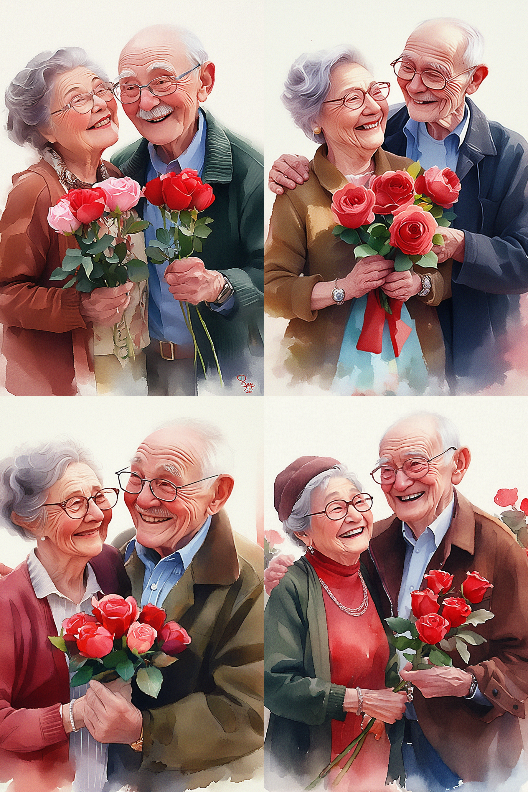 中国老夫妻手持鲜花，微笑着看向镜头。背景干净，色彩鲜艳，充满了超级波普和3d卡通风格。照片极具精致感，呈现出梦工厂动画效果，迪士尼动画人物和皮克斯风格的肖像。照明柔和，光线跟踪清晰，细节丰富，给人一种温馨甜美的感觉。最佳画质的8k柔焦，使照片更加逼真可爱。