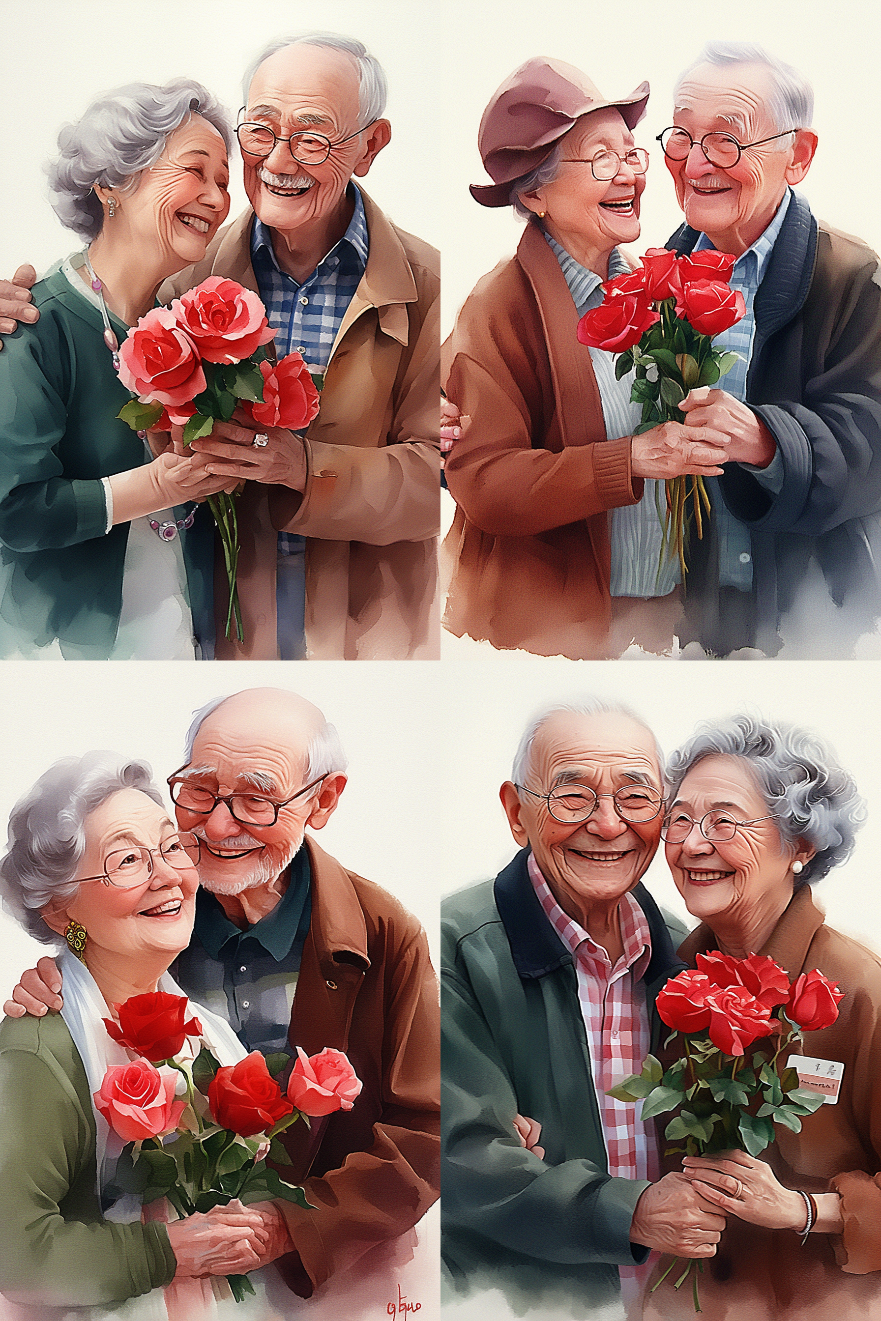 中国老夫妻手持鲜花，微笑着看向镜头。背景干净，色彩鲜艳，充满了超级波普和3d卡通风格。照片极具精致感，呈现出梦工厂动画效果，迪士尼动画人物和皮克斯风格的肖像。照明柔和，光线跟踪清晰，细节丰富，给人一种温馨甜美的感觉。最佳画质的8k柔焦，使照片更加逼真可爱。