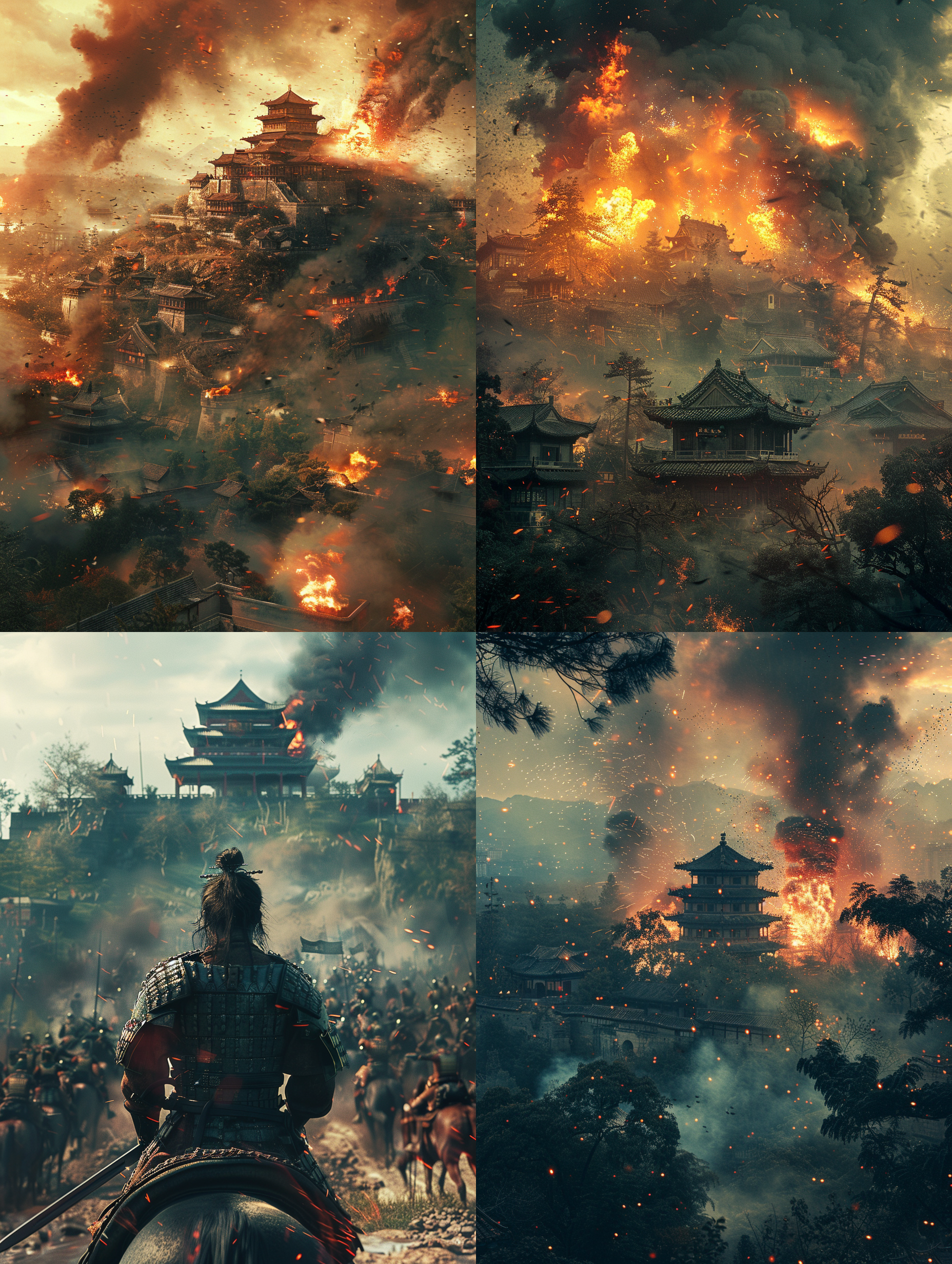 战场碰撞，中国城墙，逼真超现实，电影质感，气势磅礴，8k超高清，剑光闪烁，伤员哭声，冷兵器，动作戏，战争场面，古代军队，历史重现，英勇壮丽