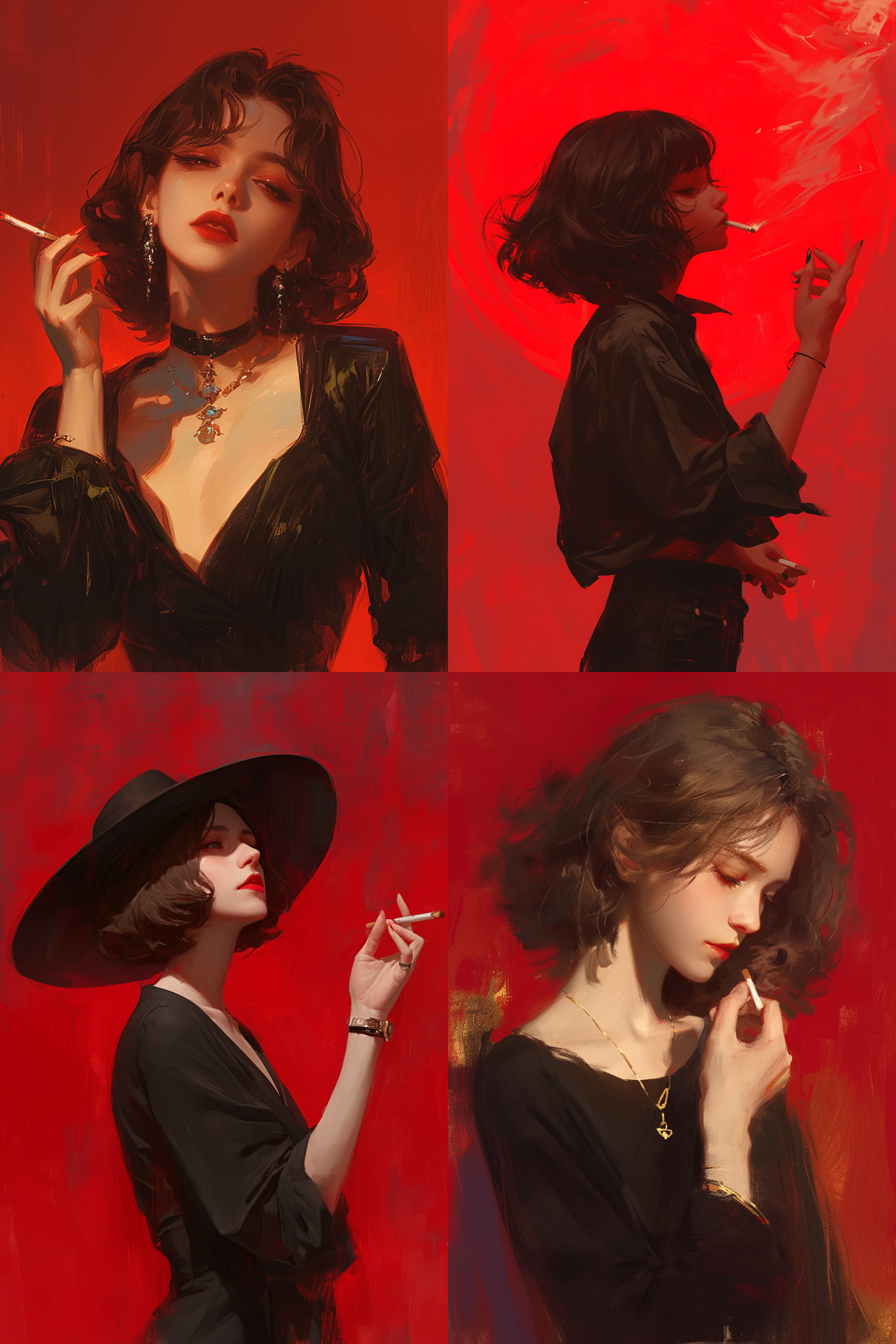 女人手里拿着一支香烟，她身后是一个红色的背景，是一幅画，艺术站上很流行，画作，艾轩，幻想艺术。高对比度，暖色调，侧光，细节丰富，复古风格，油画效果，迷幻感，神秘。