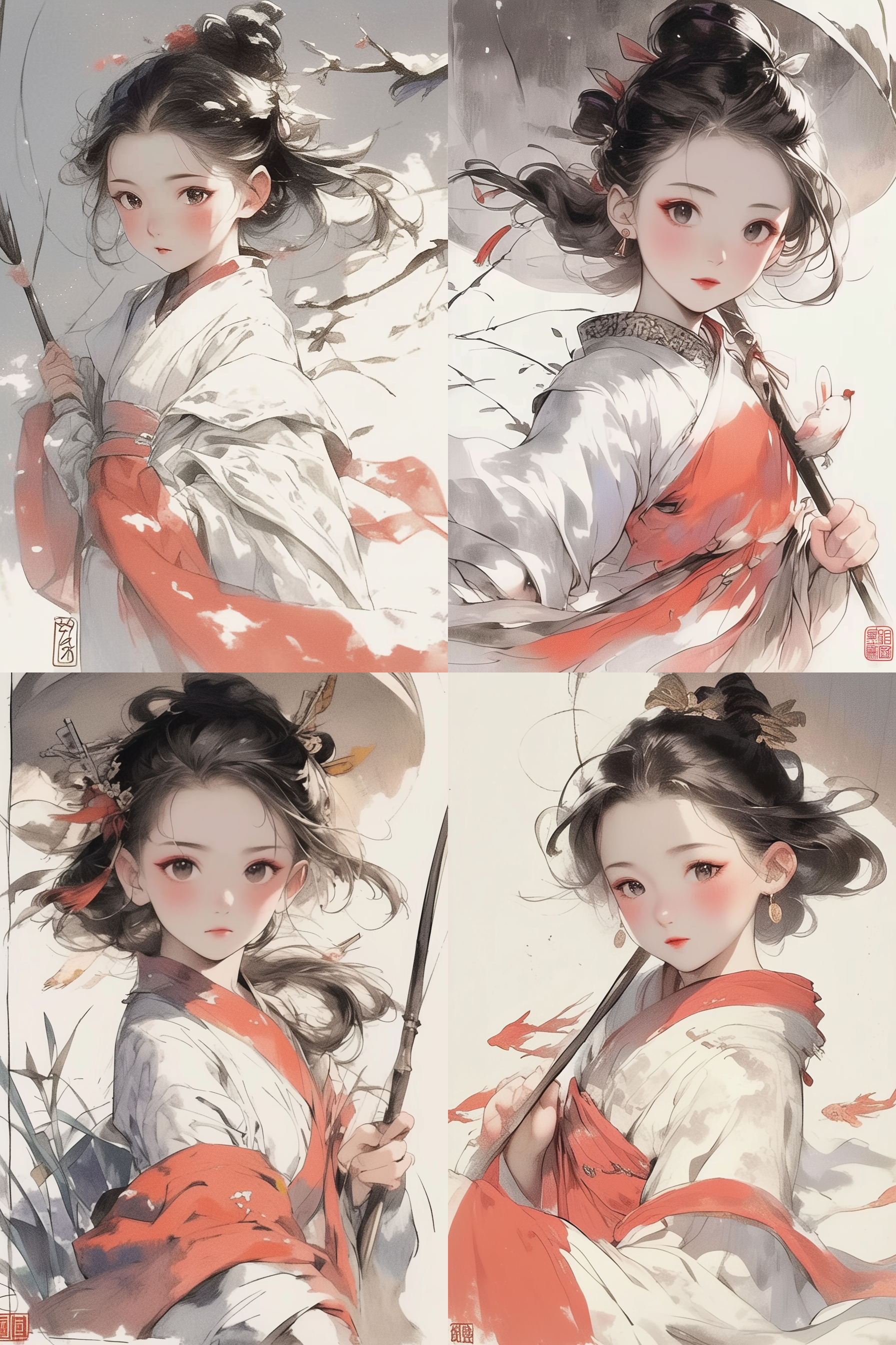 中国风国潮风，水彩水墨风格，古代宫殿，细腻笔触，山水画面，传统服饰，柔和色调，宏伟构图，侧光，静态姿势，端庄神态，优雅情感。