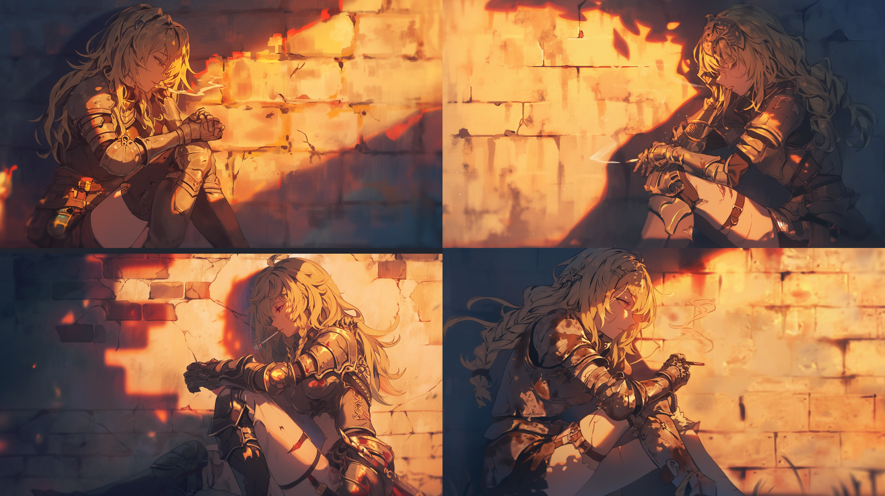 女骑士抽烟，坐姿随意，盔甲破烂，伤痕累累，靠着墙壁，余晖与黑夜交接，背景模糊，长焦镜头，夕阳照耀，忧伤。