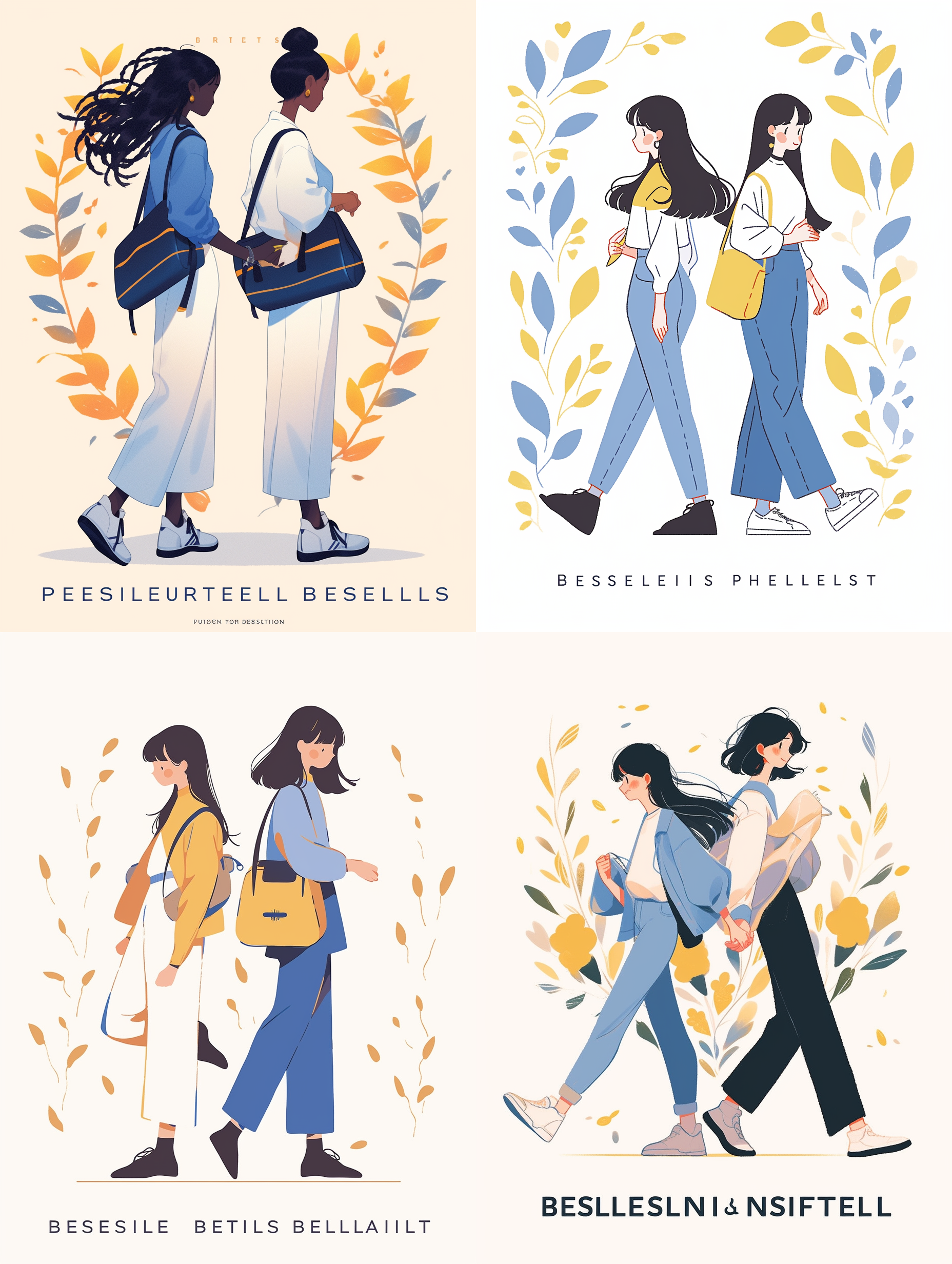 生成一组插画，两位少女手牵手，背影，背书包，穿白蓝相间的上衣，蓝色长裤，白色运动鞋，黄色树叶飘落，下方标注文字“your persistence will eventually be beautiful”，青春气息，画面简洁，右侧光 极简主义 黑发 极简