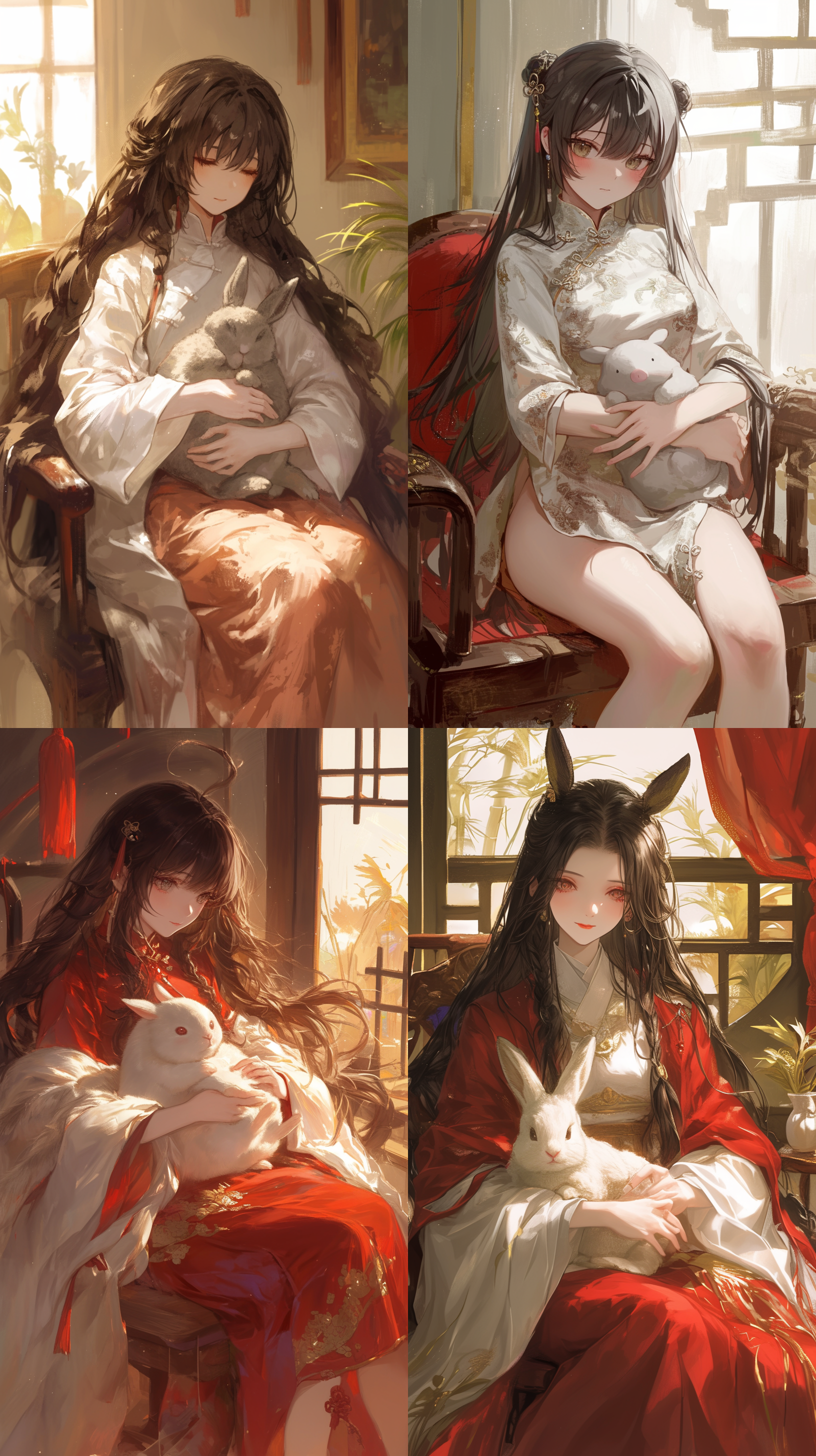 中国风少女，黑色长发，红色马面裙，白色衣服，坐在椅子上，抱着灰色胖兔子，室内环境，柔和光线，静谧氛围，正面拍摄，温暖色调，人物静态。