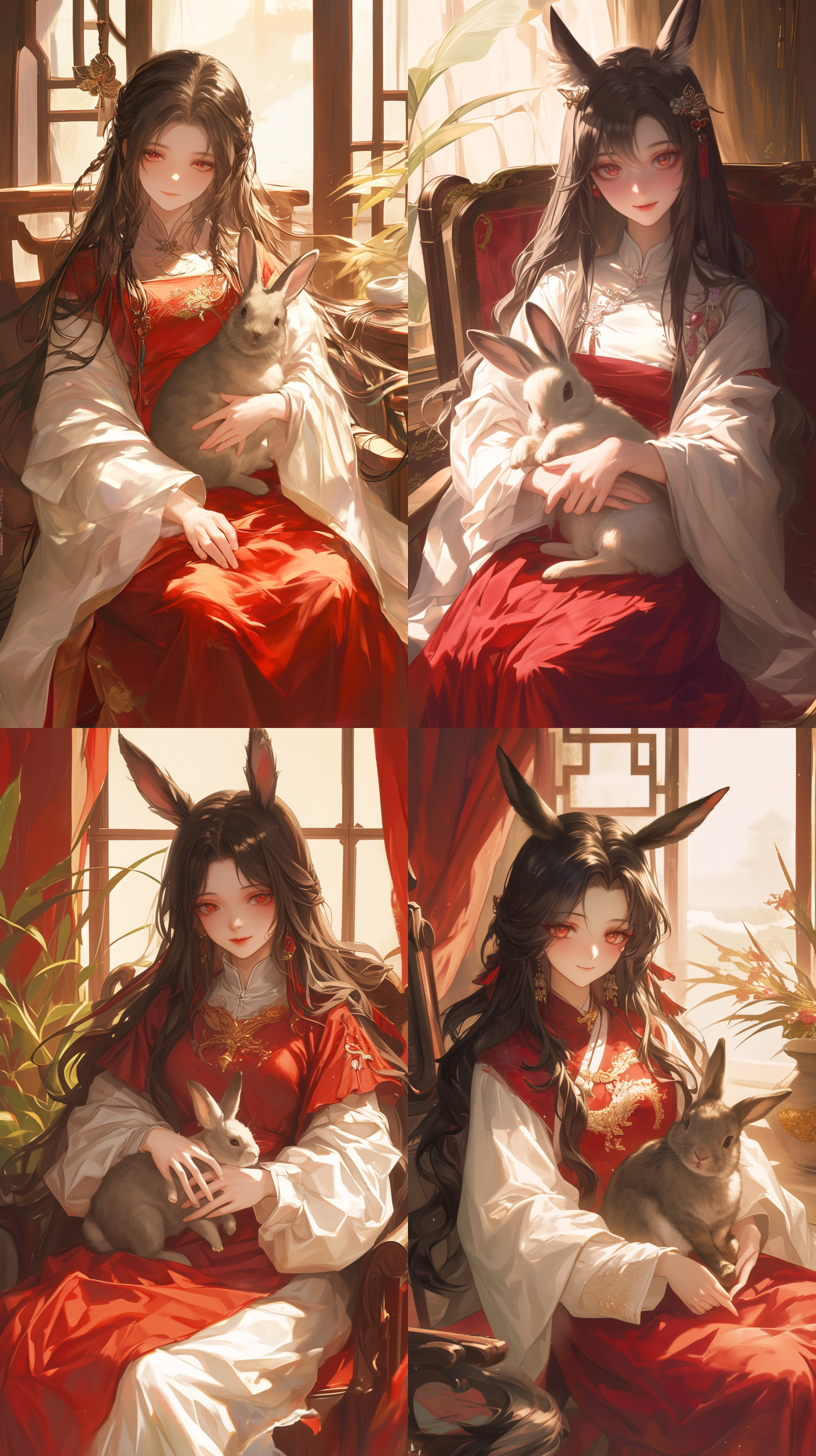 中国风少女，黑色长发，红色马面裙，白色衣服，坐在椅子上，抱着灰色胖兔子，室内环境，柔和光线，静谧氛围，正面拍摄，温暖色调，人物静态。