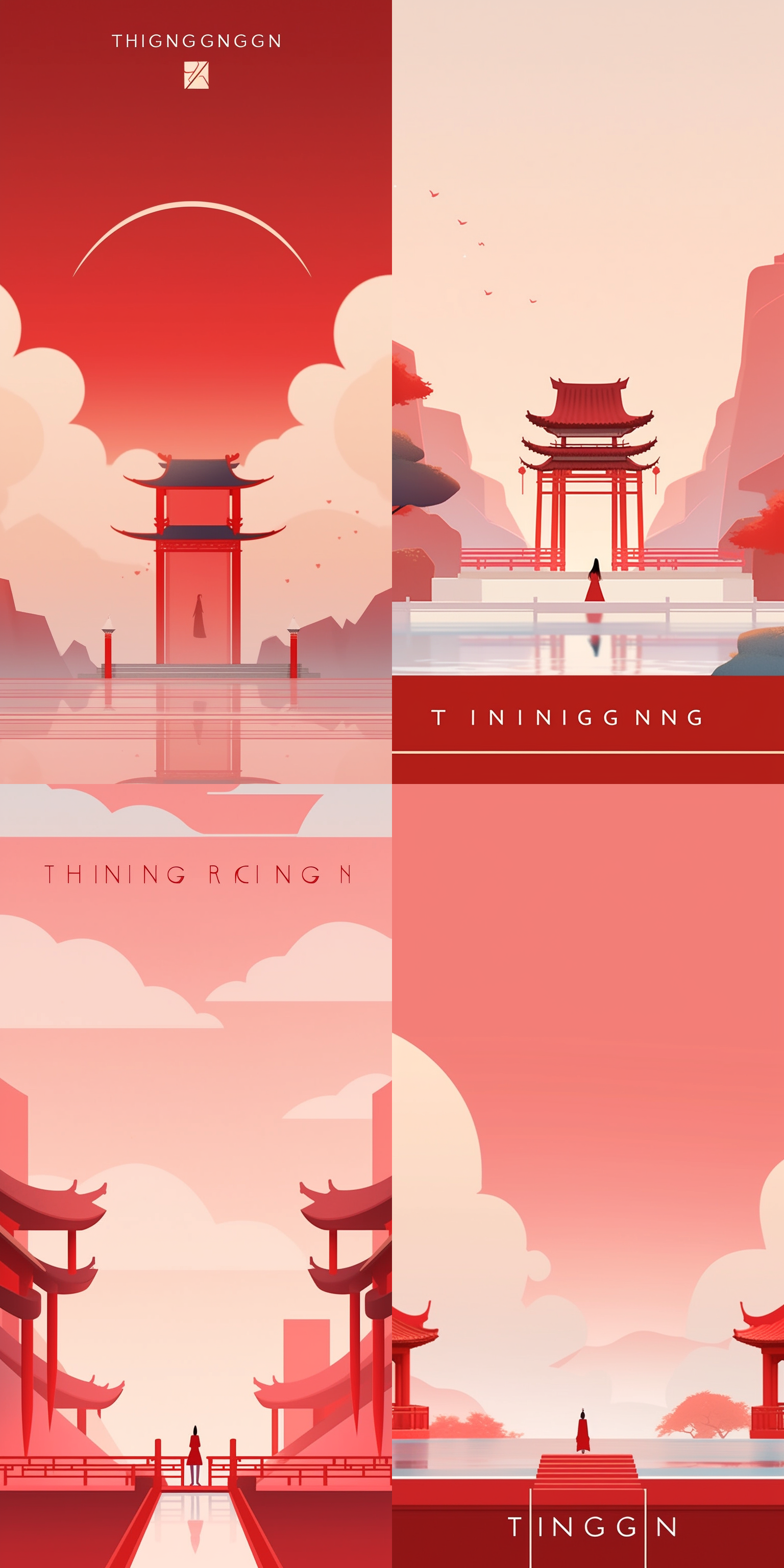 设计一副插画，极简主义平面设计风格，中式建筑，红墙，远景，高眺的舞台风格，金色与红色色调，东方美学，禅意