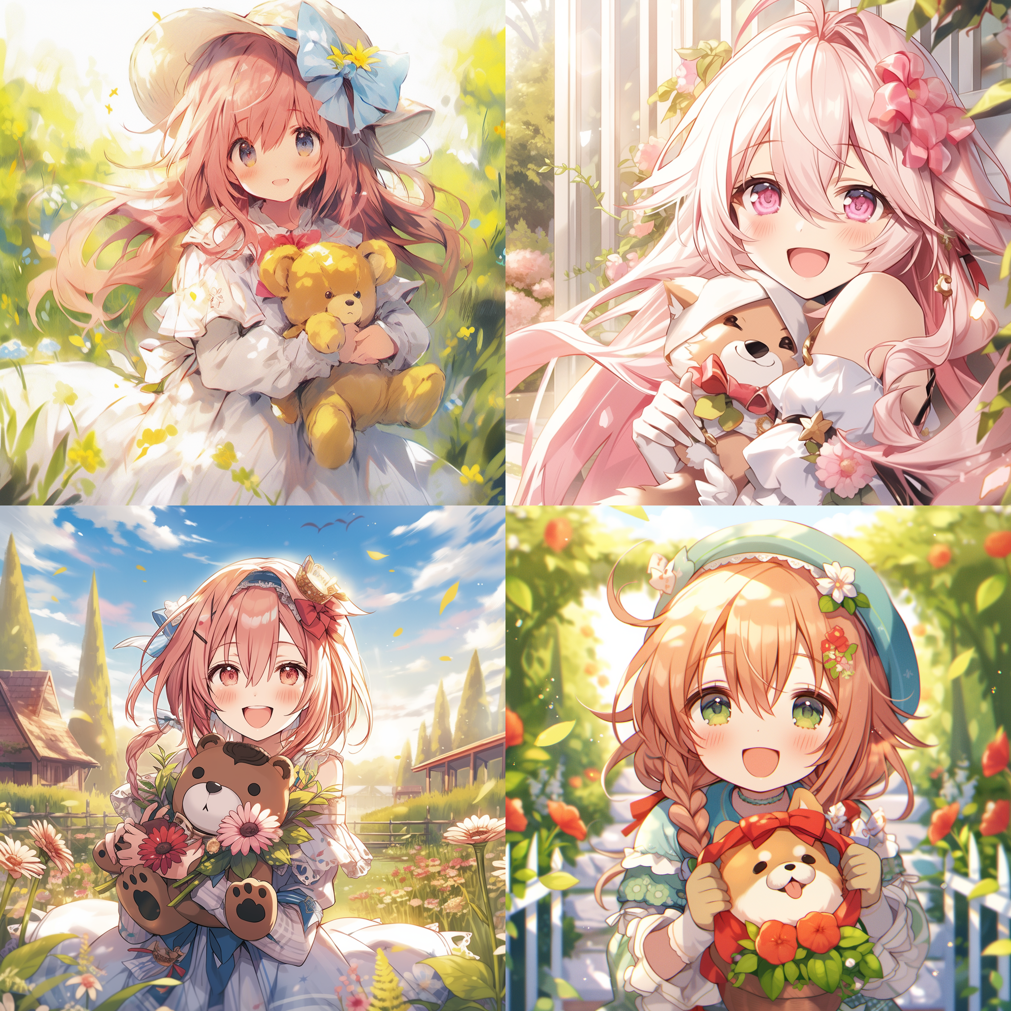 可爱动漫人物，大眼睛，粉色蓬松头发，戴着蝴蝶结，穿着彩虹色连衣裙，微笑表情，携带一个小熊玩偶。绘画风格，鲜艳色彩，柔和光线，背景是花园。