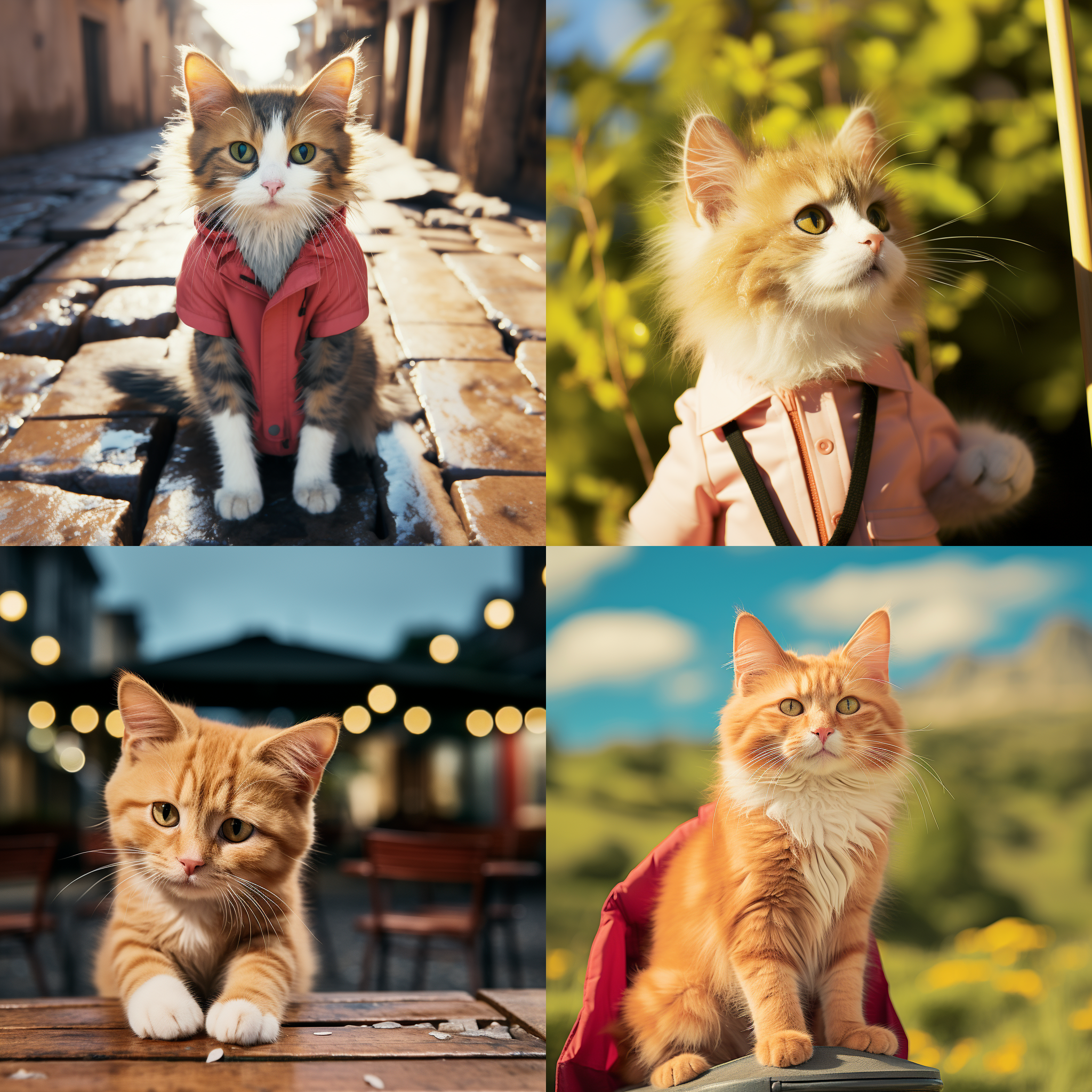 猫咪表情场景，抓拍构图，户外自然光，中焦镜头，温暖色调，眼神专注，微笑，舒适自然。