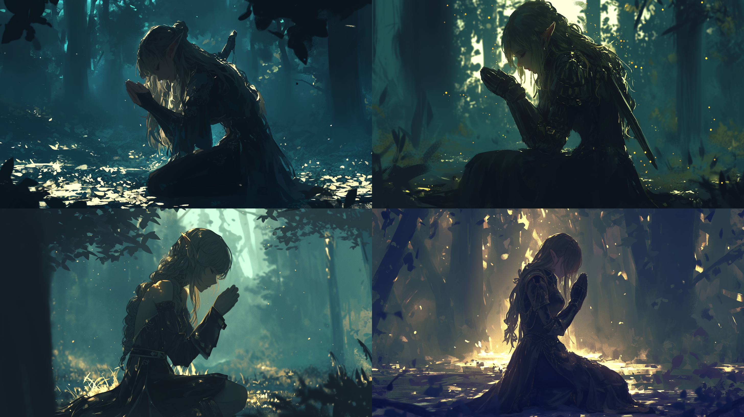 女精灵双手拉弓，单膝跪地，暗林中，神秘色调，长焦镜头，侧逆光，慢门速度，专注，神秘。