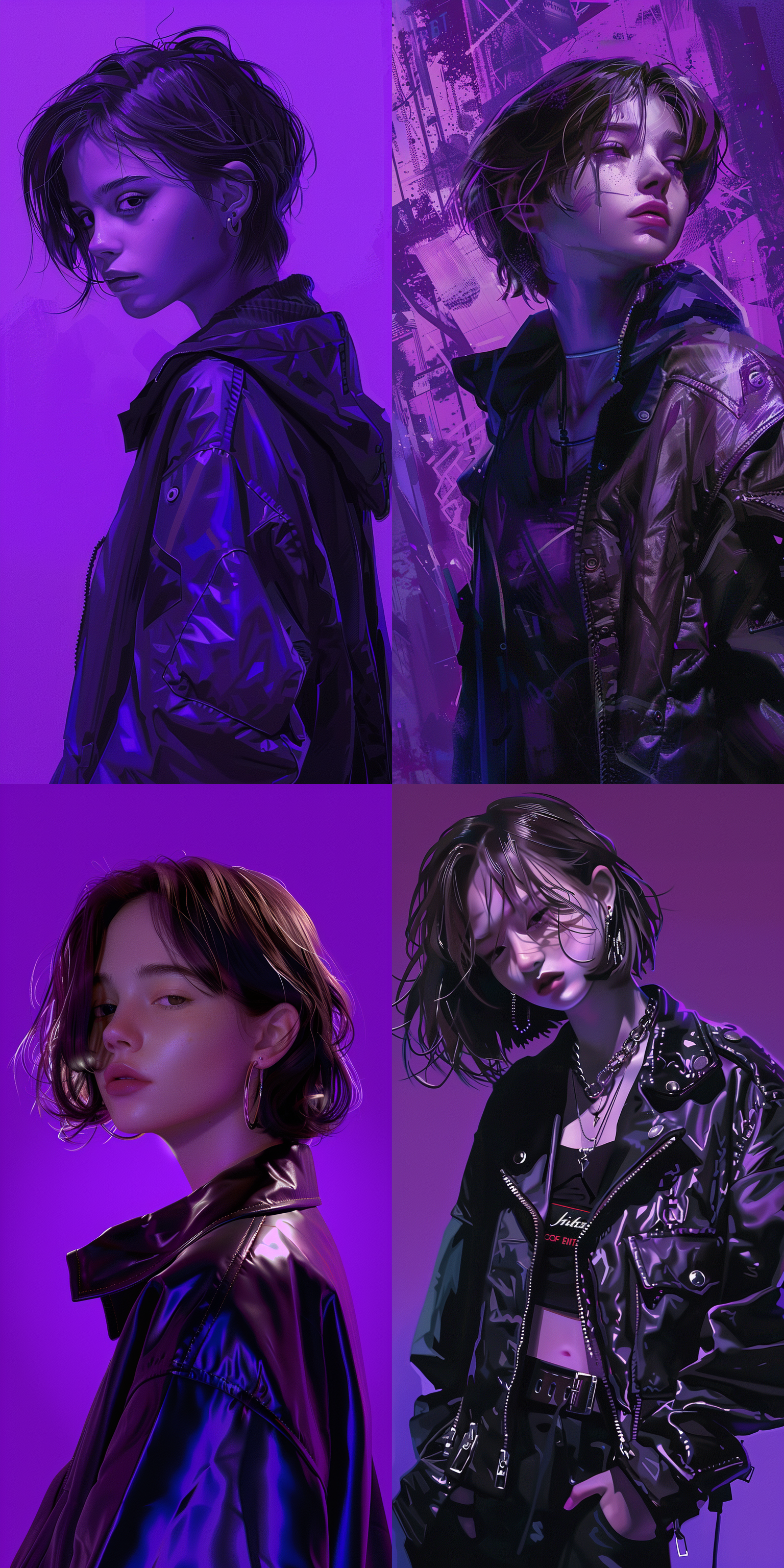 金属质感，高光，冷色调，数字艺术风格，赛博朋克艺术，未来感，神秘感，抽象装饰，时尚服设，紧身皮衣，18k画质，16岁少女，整齐短发，紫色背景