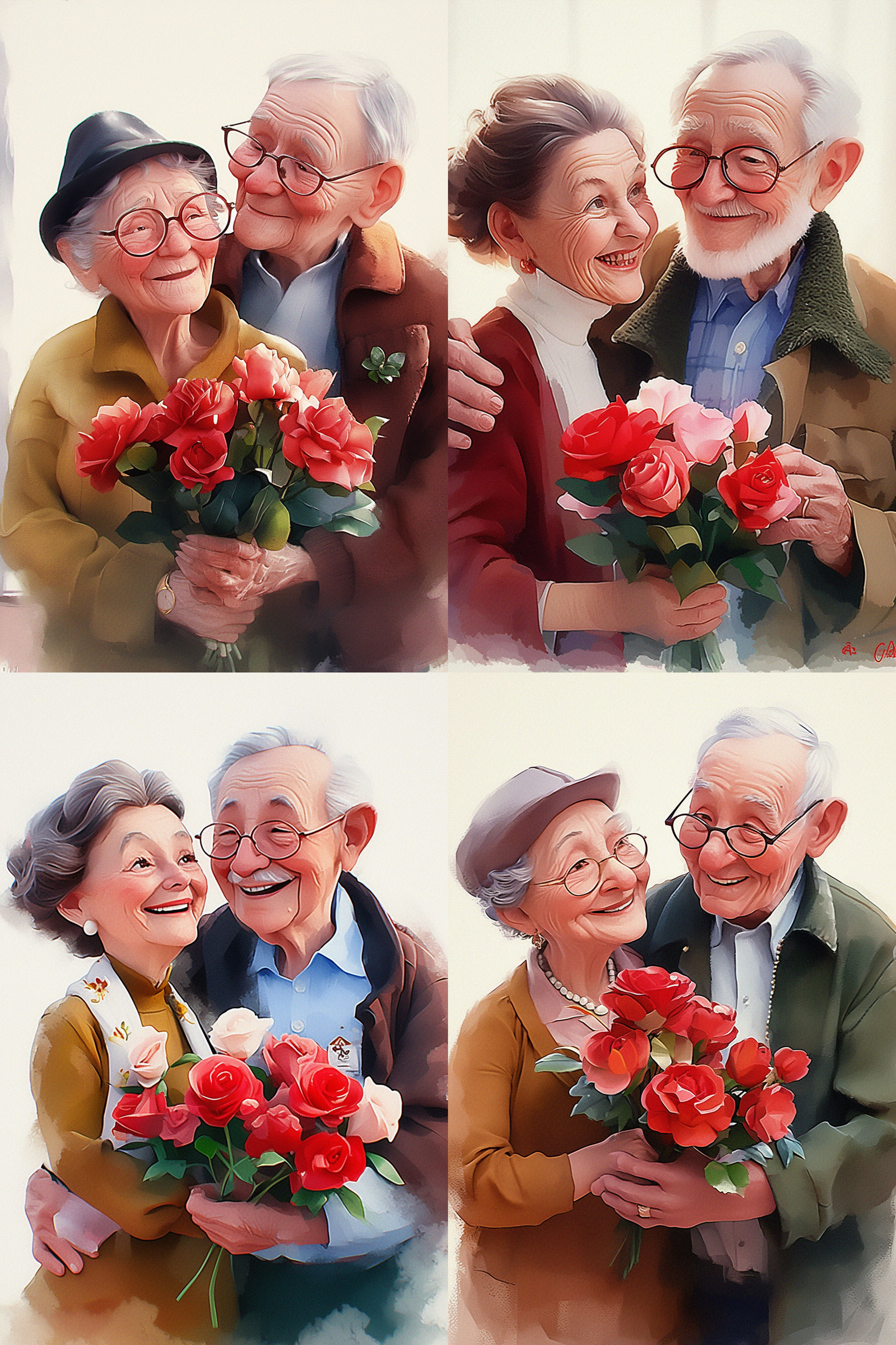 一对老夫妻拿着鲜花，超级波普, 3d, 卡通, 超逼真, 精致, 梦工厂动画效果, 渲染, 微笑, 甜美, 最佳画质, 8k柔焦, 迪士尼动画人物, 皮克斯风格, 干净的背景, 人物看着镜头, 捕捉原始情感, 肉桂照明, 光线跟踪, 高细节, 3d渲染, 可爱风格.