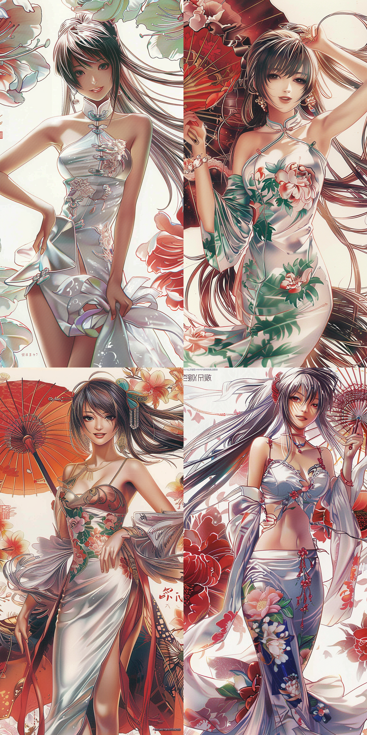 动感线条,夸张比例,奇幻元素,冷色调光影,精细背景,艺术性构图,街头文化,个性化配饰,动态姿势,色彩对比,巨大的花，美女，全身，旗袍，柔和色彩,艺术构图,写实细节