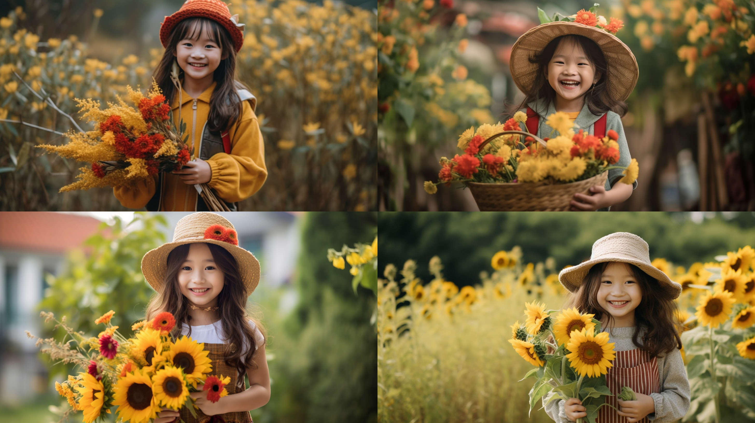 一个酷酷的中国小女孩，7岁的小女孩，头上戴顶帽子手里拿束鲜花，穿一件黄色上衣，红色短裤。全身照，开心大笑，长头发飘扬，有房子，有花草，穿着夹克衫，短裤，圆圆的脸大眼睛长睫毛，背景是大大的夕阳，高清，封面艺术
