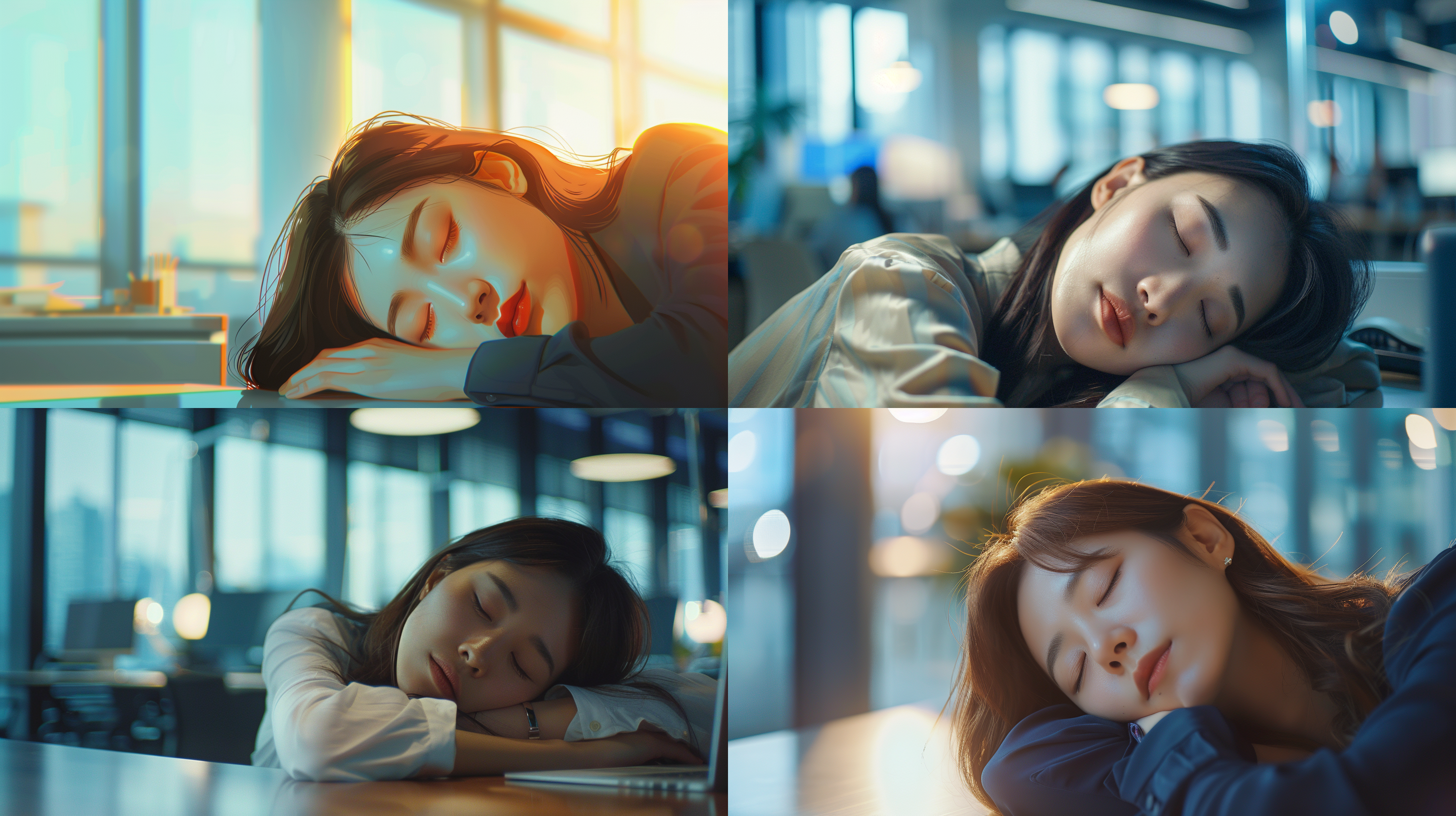 写字楼办公室，高大落地窗，一个年轻靓丽的亚洲女性白领，左边嘴角有颗红痣，她趴在办公桌上睡觉