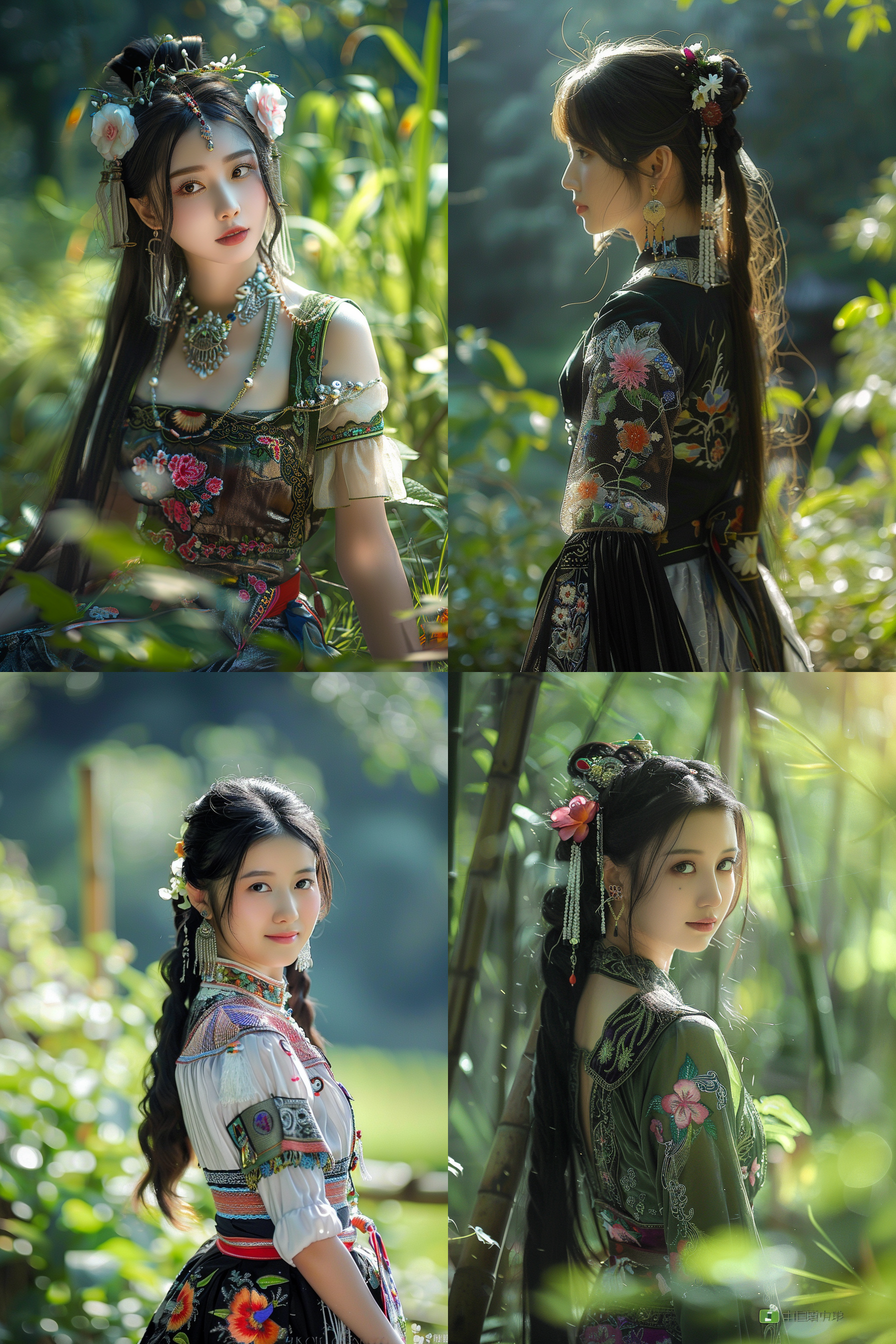 傣族姑娘，热带雨林中，穿传统服饰，丝绸筒裙，细腻刺绣，银色饰品，黑亮长发，鲜花装饰，温婉恬静，绿意盎然，阳光光影，开阔地方，傣族竹楼，古朴典雅，梯田，宁静美丽画卷。