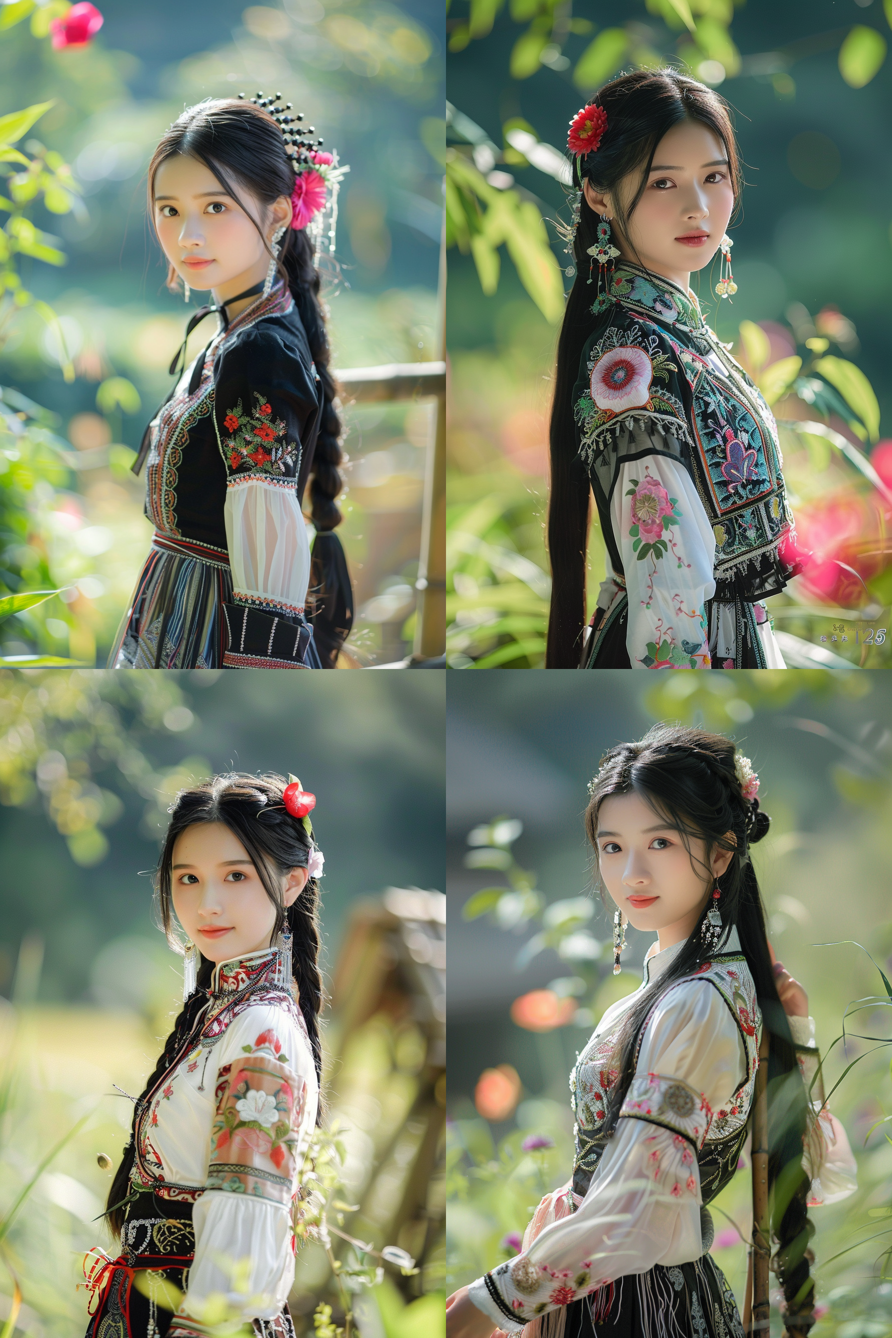 傣族姑娘，热带雨林中，穿传统服饰，丝绸筒裙，细腻刺绣，银色饰品，黑亮长发，鲜花装饰，温婉恬静，绿意盎然，阳光光影，开阔地方，傣族竹楼，古朴典雅，梯田，宁静美丽画卷。