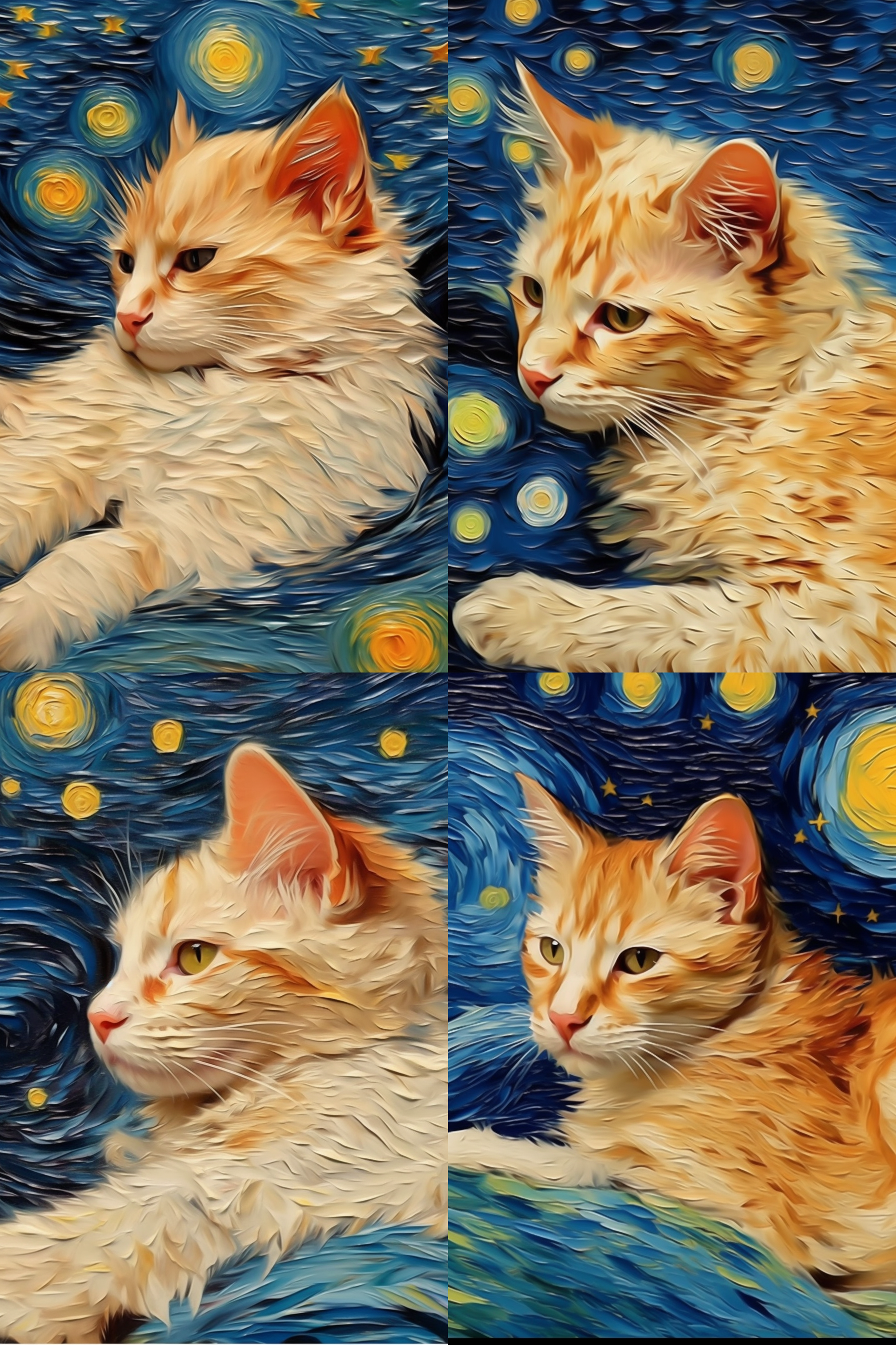 梵高小猫，鲜艳色彩，夜晚星空，厚重笔触，独特构图，猫在田野中，白色毛发，睁大眼睛，自由奔跑，欢快。