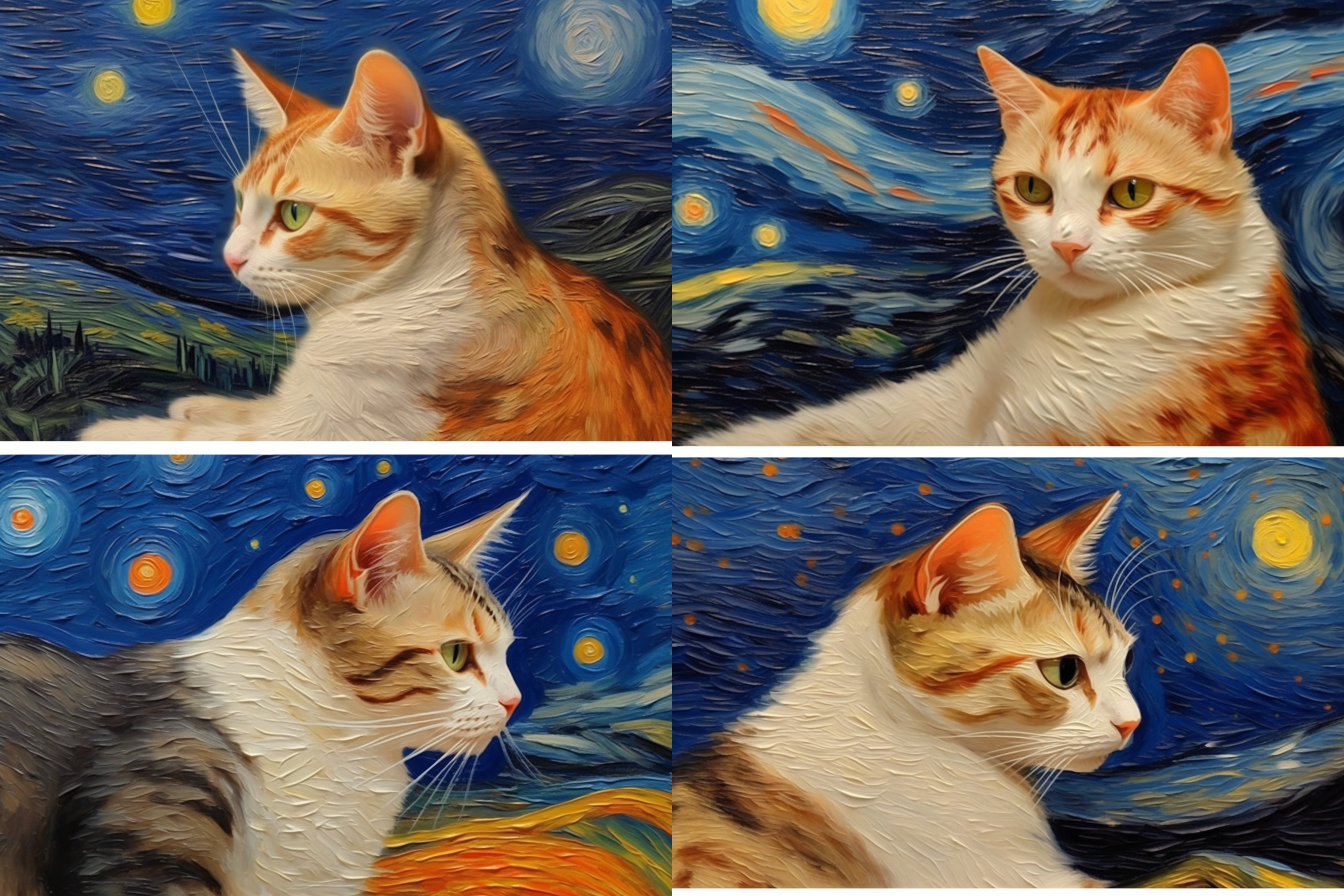 与明亮的光线，背景是星空和麦田，小猫身上有梵高风格的笔触纹理，表情温和而神秘。梵高风格，明亮光线，星空，麦田，鲜艳颜色，笔触纹理，温和神秘。