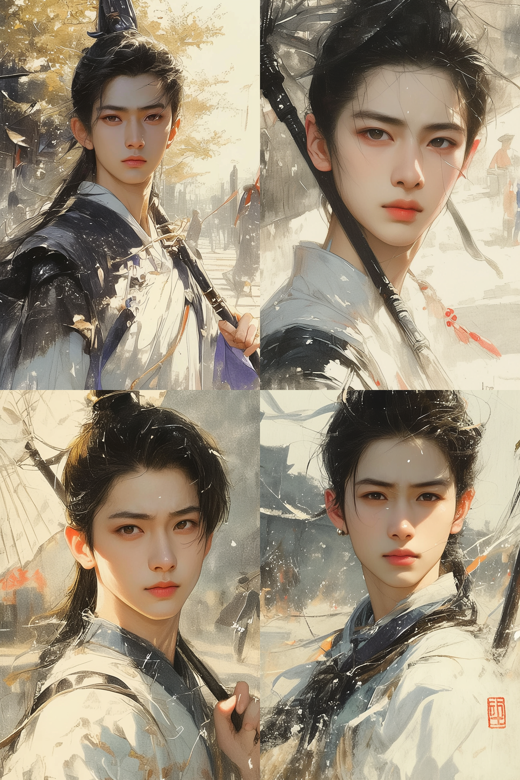 中国风，国潮风，水彩水墨风格 传统汉服，古代建筑，婀娜多姿，水墨画风，柔和色调，景深效果，端庄优雅，静谧，华丽。