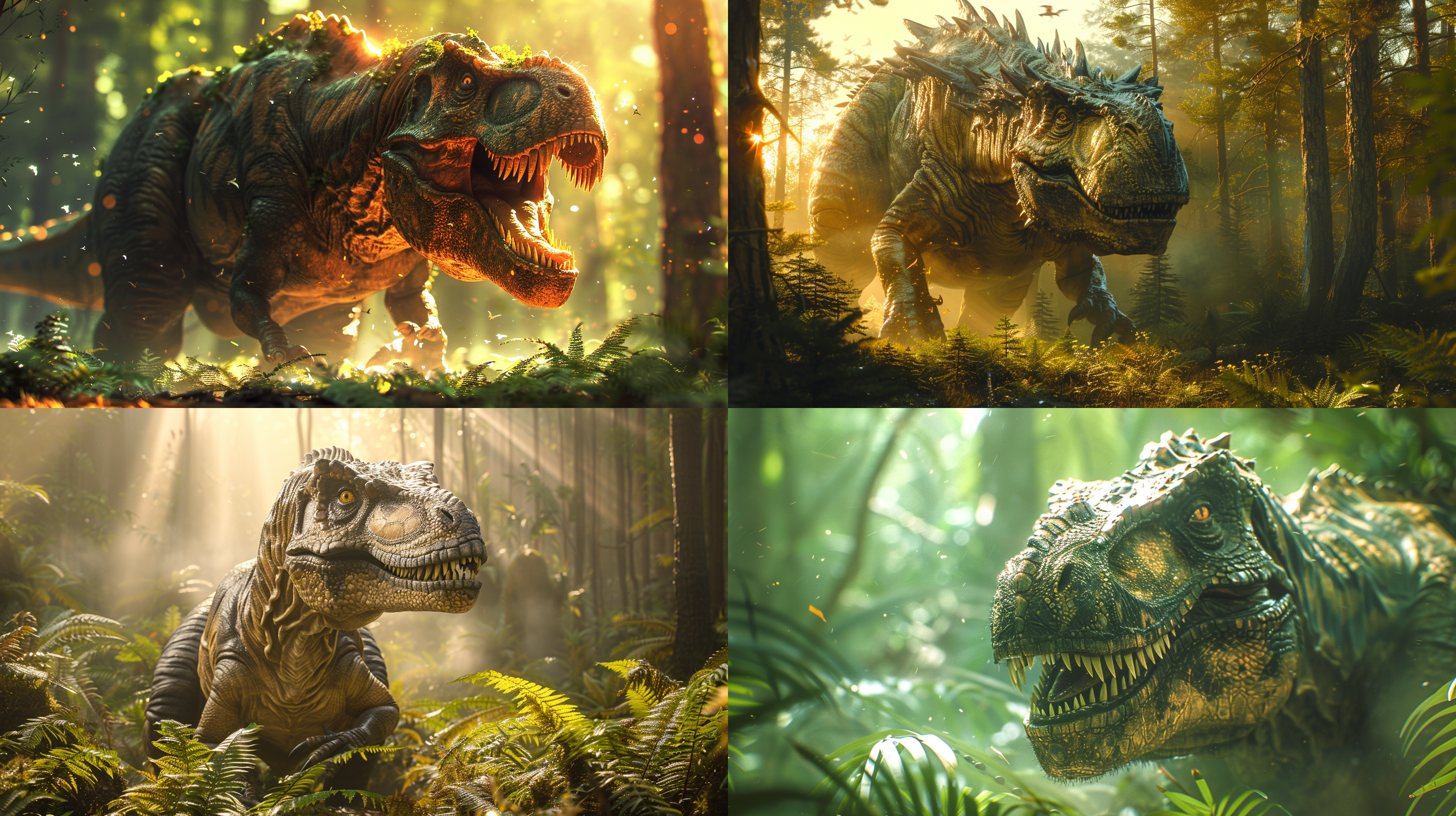 恐龙独立古森，阳光穿透树叶，硕大鳞片映照，凶猛眼神。恐龙，森林，光影，巨大，原始，绿色，威严。
