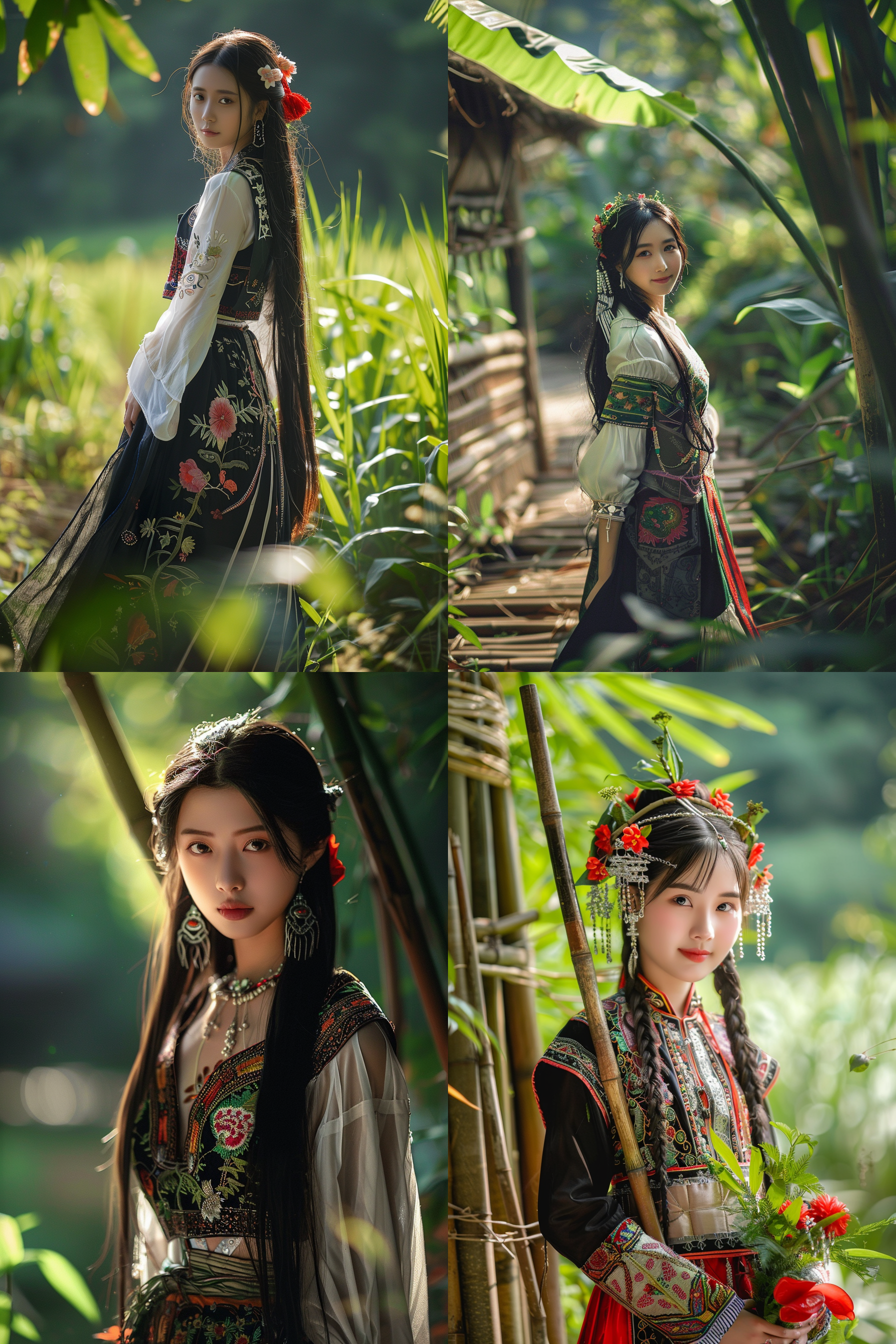 傣族姑娘，热带雨林中，穿传统服饰，丝绸筒裙，细腻刺绣，银色饰品，黑亮长发，鲜花装饰，温婉恬静，绿意盎然，阳光光影，开阔地方，傣族竹楼，古朴典雅，梯田，宁静美丽画卷。