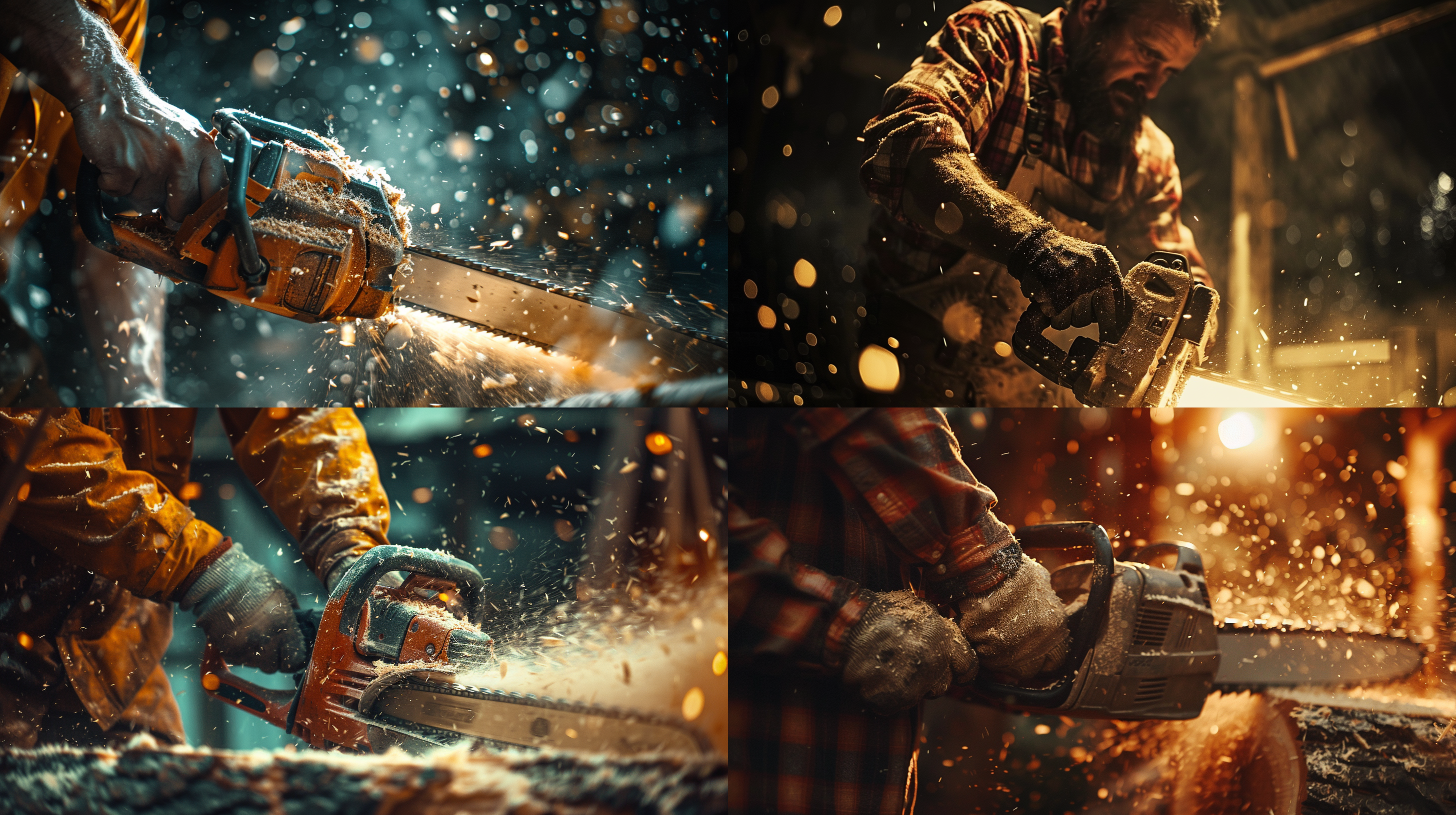 伐木工人，拿着小的电锯，在锯木头，室内，光线明亮，非常高清，非常多细节，非常真实，围绕电锯拍摄。电锯的锋利牙齿和工人手中的力量形成鲜明对比，展现出伐木工的坚韧和决心。明亮的光线照亮了整个场景，将工作场景的每一个细节都清晰呈现。