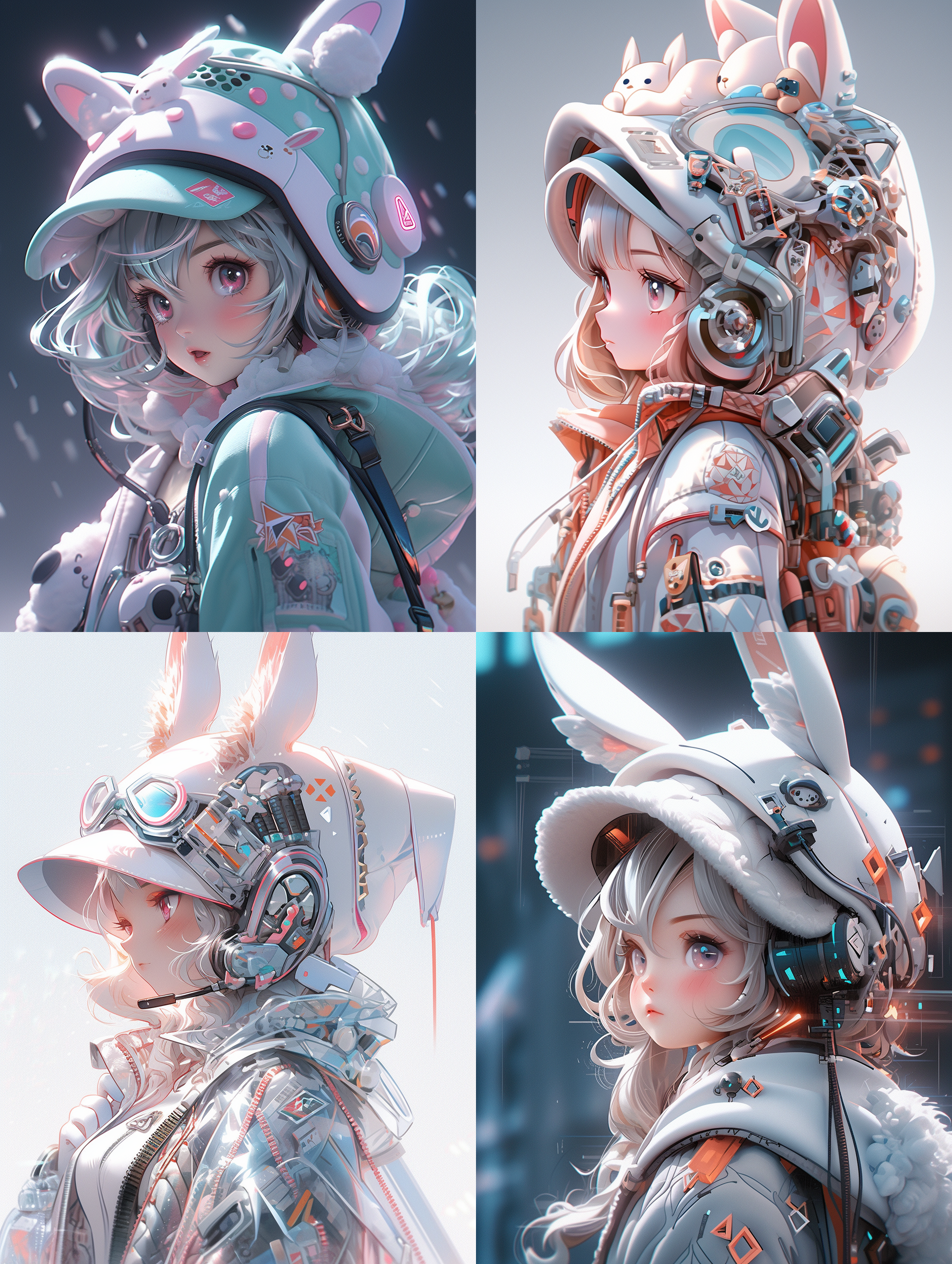 超级可爱的女孩带着兔子形状的帽子，科技元素，时尚的服装，姿势，精细光泽干净的背景，3d渲染，最佳画质，4k，超级细节，工作室照明