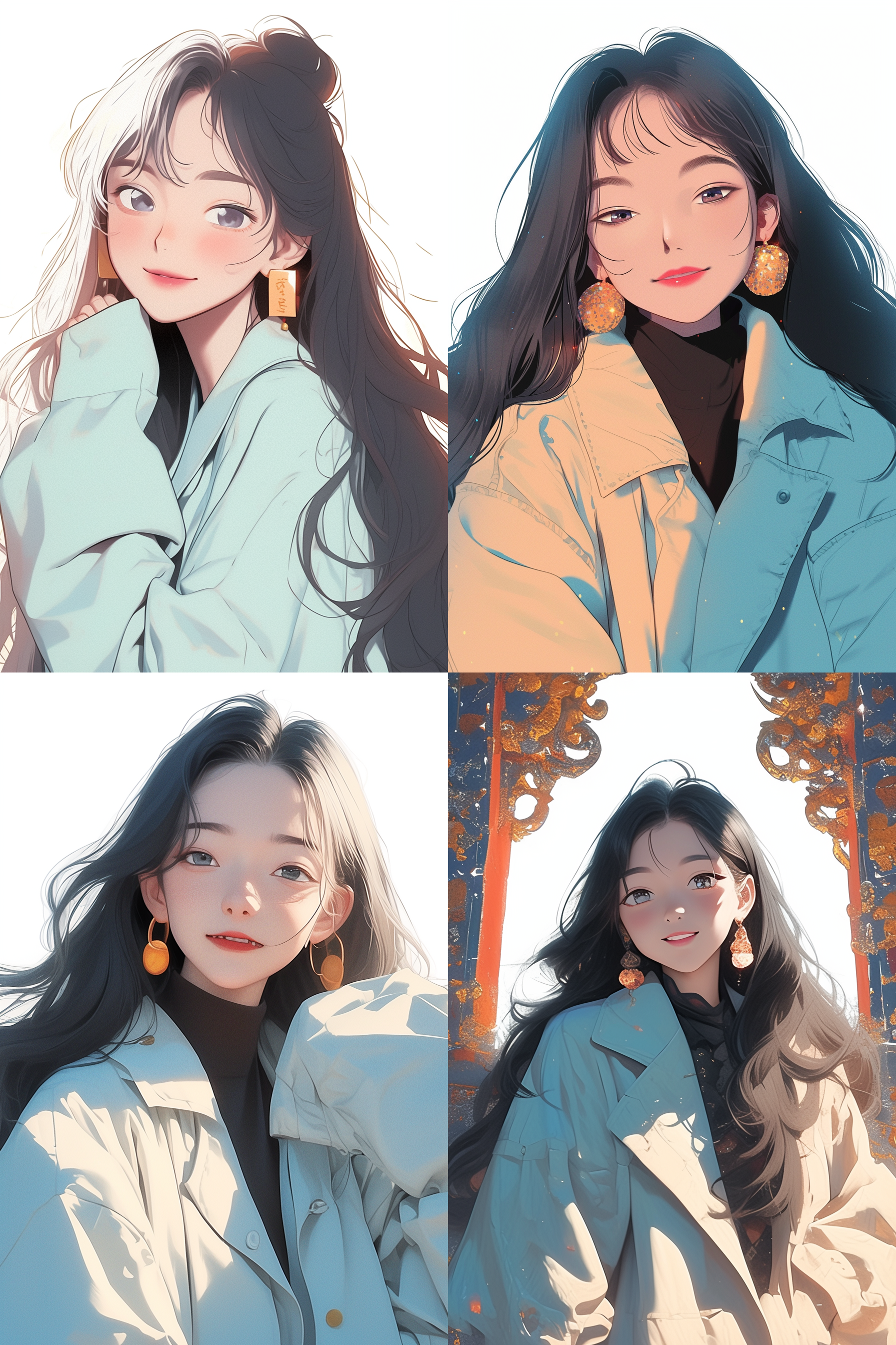 白衣服红外套女孩，平面化风格，中国风，动漫风，色彩鲜艳，清晰轮廓，户外景观，长焦镜头，自然光，微笑，活泼。