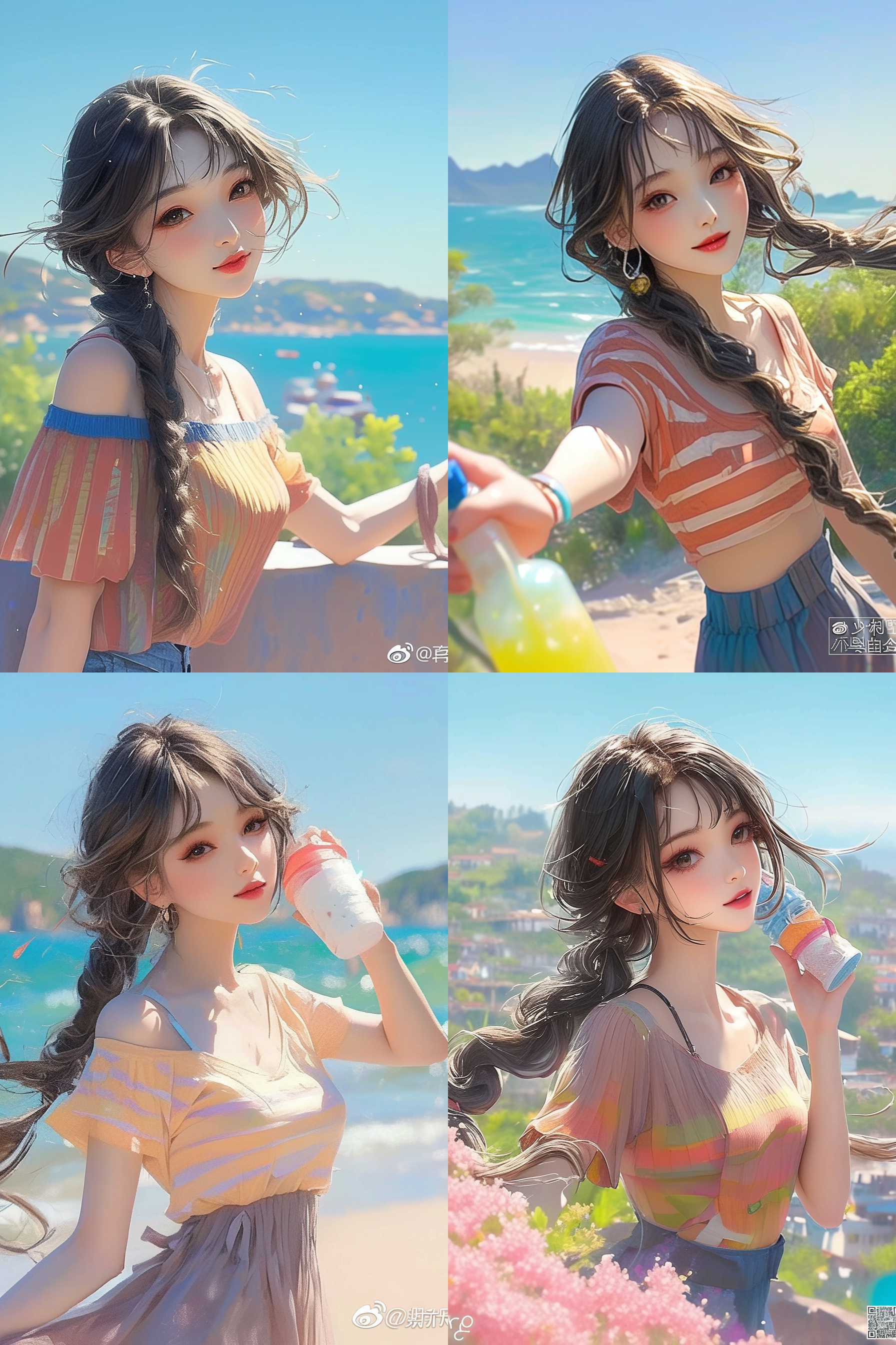 新海诚，逼真超细节渲染风格，海边微笑，美丽画面，广角电影镜头，日本动漫电影，逼真油画，明亮色调，细致纹理，柔和光线，温暖氛围，宁静，愉悦。