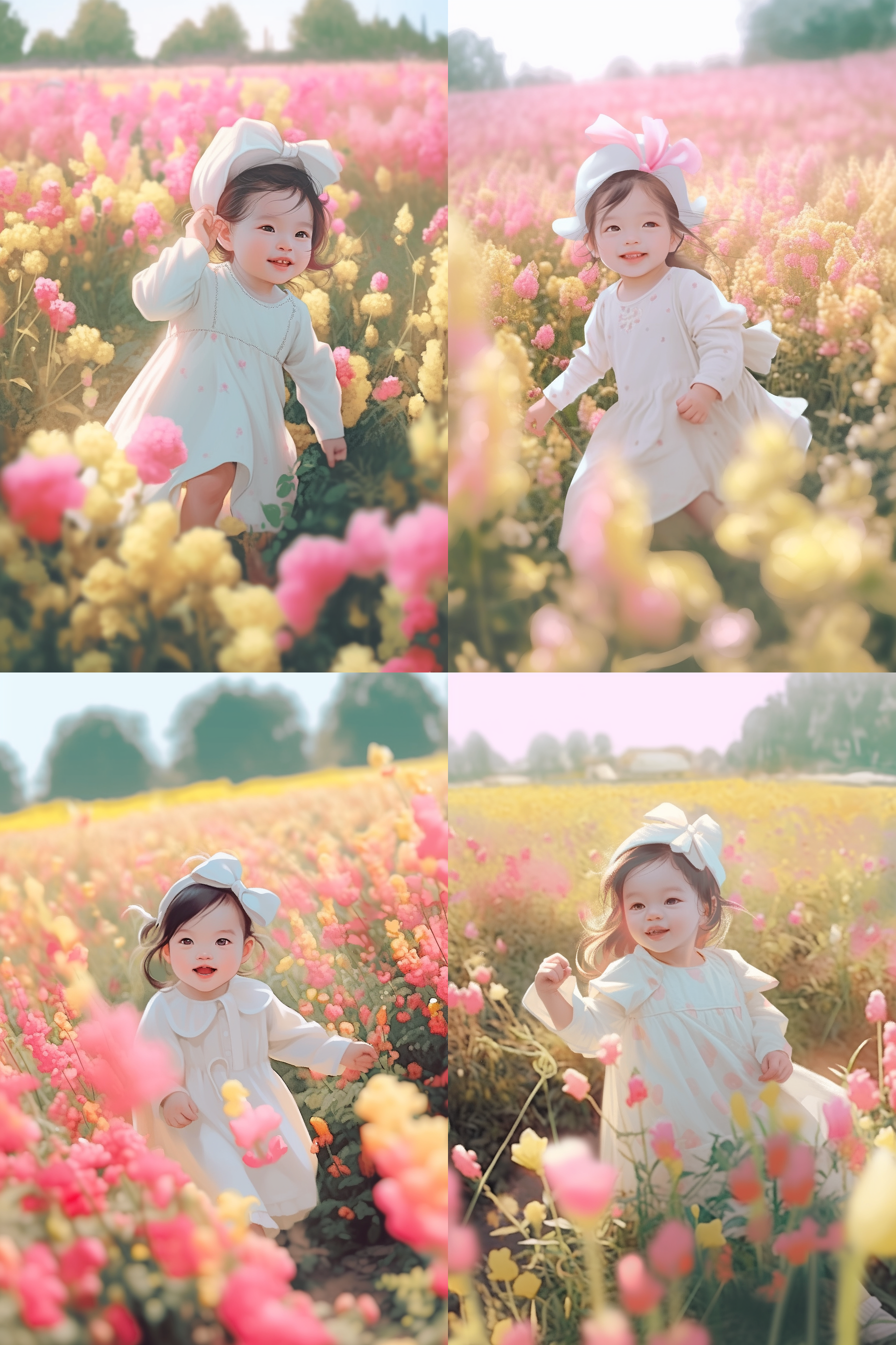 宝宝在花海中探索，中央构图，柔和光线，粉色调，婴儿服装，开心表情，细节特写，自然环境，微笑，童真。