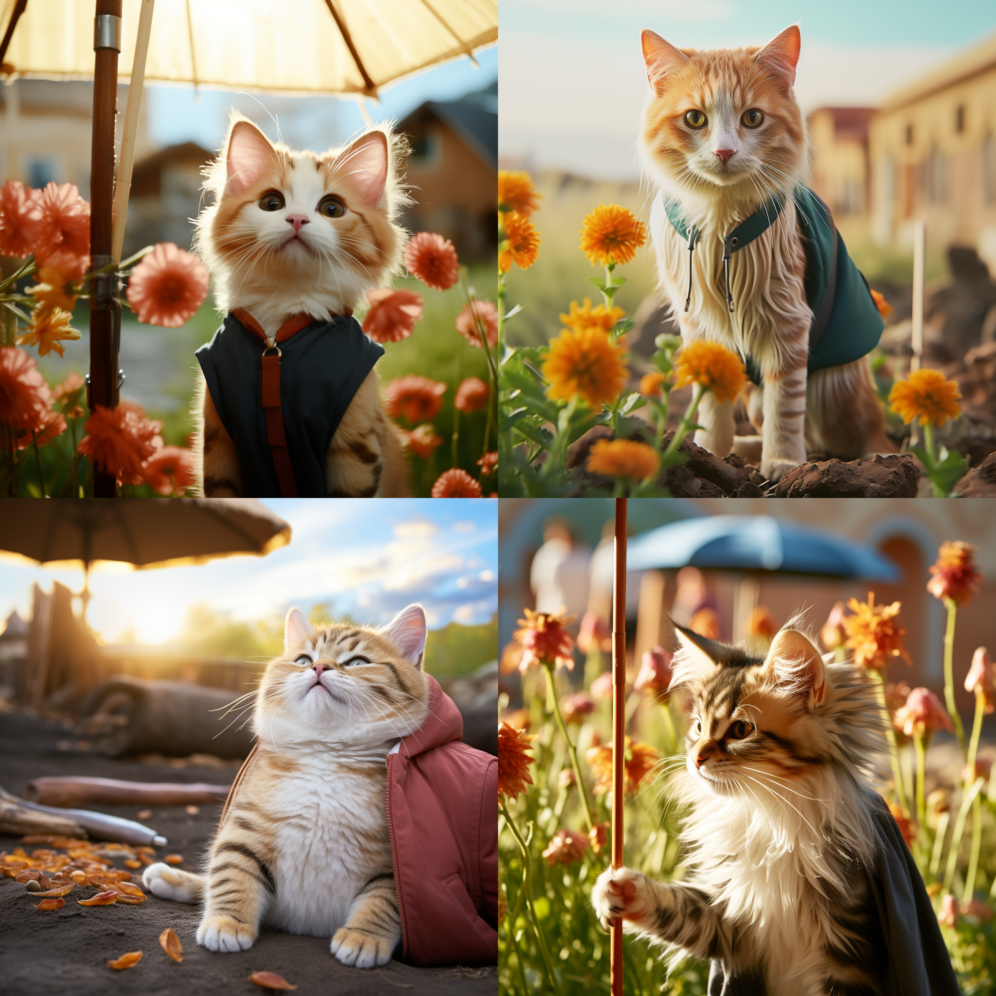 猫咪玩耍，户外草地，日落，长焦镜头，柔和侧光，微笑，欢快，温暖色调，俯视角度。