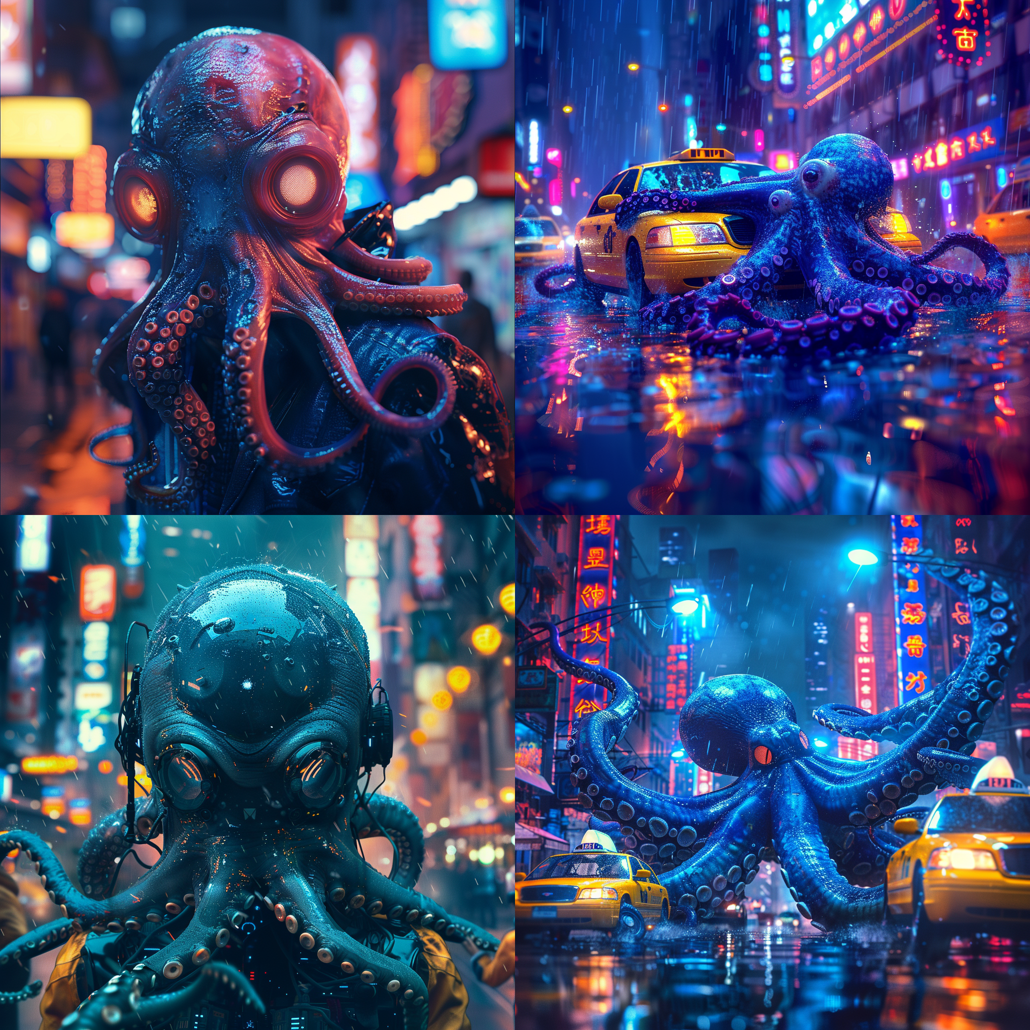 章鱼触角头盔，霓虹灯下，夜色城市，赛博朋克风格，惊恐表情，黄色出租车碰撞，深蓝色皮肤，外星生物，高对比度，宽广角度，紧张气氛，暗色调。