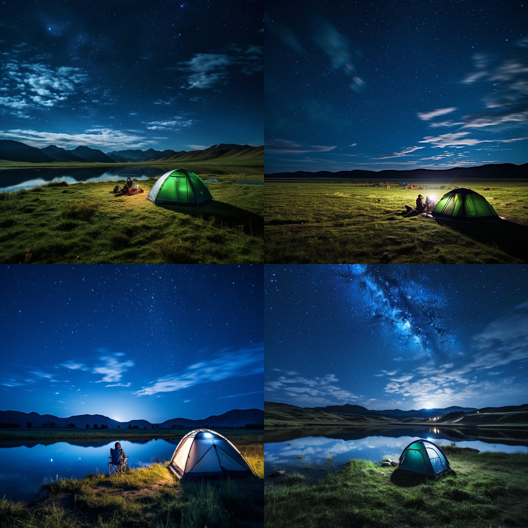 夜晚帐篷，星空下的西藏高原。坐在草地上，遥望星河。广角镜头，明亮繁星，静谧氛围，深邃湖泊，宽广视野，冷色调，宁静。