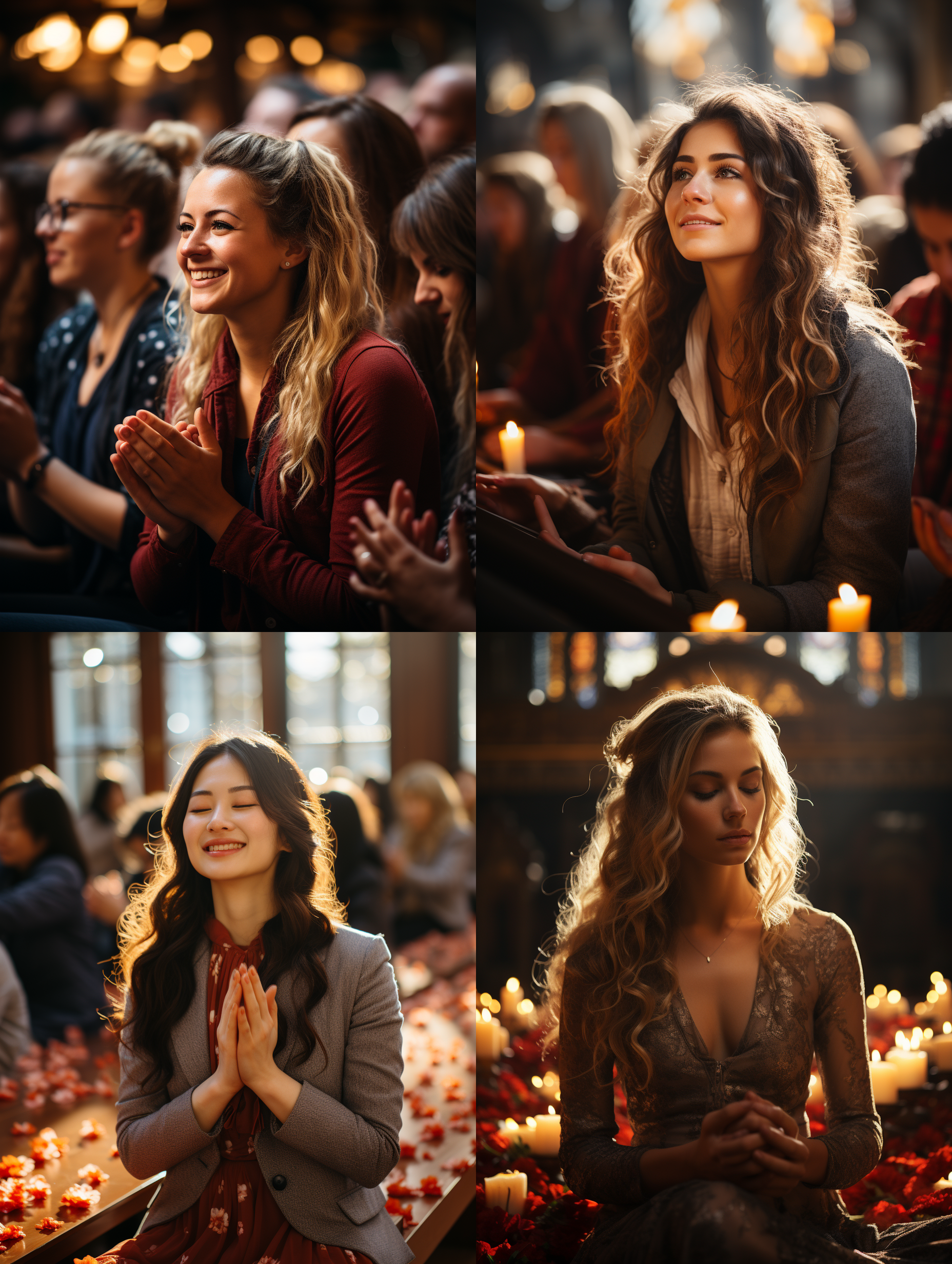 女子在寺庙祈求，双手合十，清晰画质，静谧环境，低饱和度，长焦镜头，自然光，虔诚祈祷，安宁。