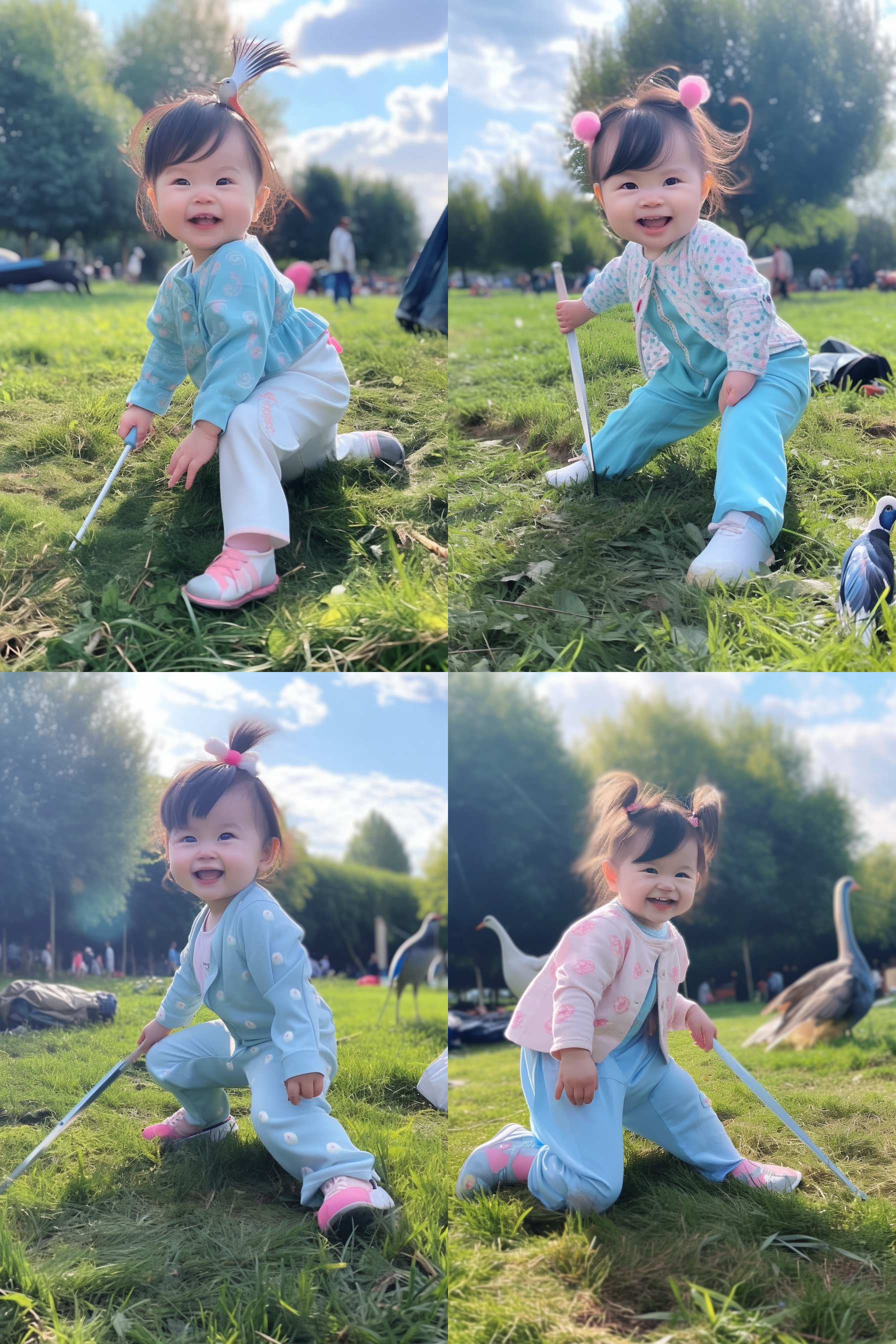 宝宝和孔雀，草地上，正面构图，柔和光线，中焦镜头，自然环境，色彩缤纷，快门速度适中，天真笑容，互动。