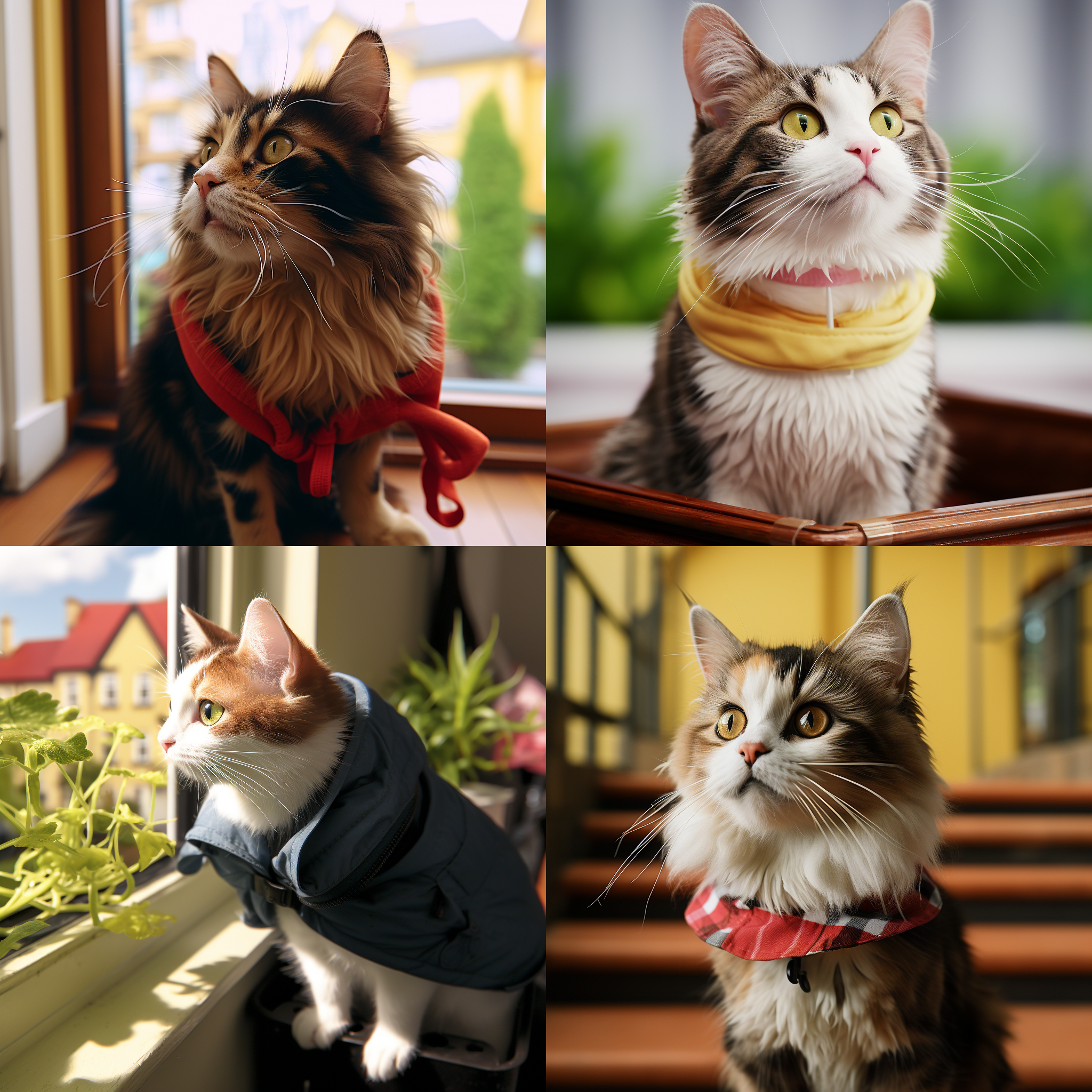 一只黑白相间的猫咪坐在窗台上，眼神专注地望向窗外。周围是一片绿色的植物，空气清新。猫咪身上的毛发细腻柔软，眼睛明亮有神。背景模糊，突出猫咪的形象。高饱和度，柔和的光线，浅景深，传递出宁静和好奇心。静态，平静。 猫咪, 窗台, 专注, 绿色植物, 毛发, 明亮, 背景模糊, 高饱和度, 柔和光线, 浅景深, 宁静, 好奇心.