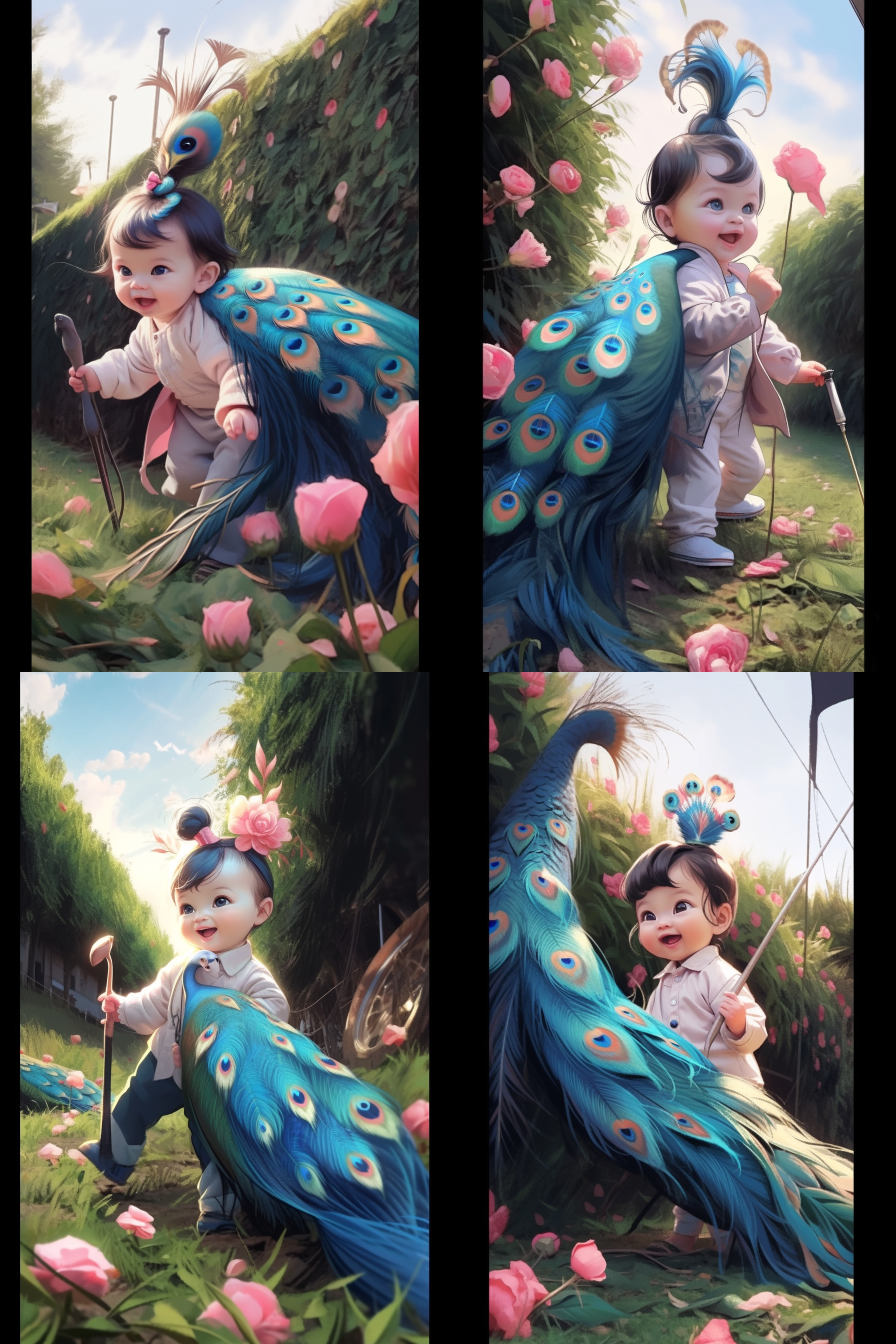 宝宝和孔雀，室外环境，自然光，柔和色调，特写镜头，孔雀展开尾羽，宝宝好奇微笑，互动，生动活泼。