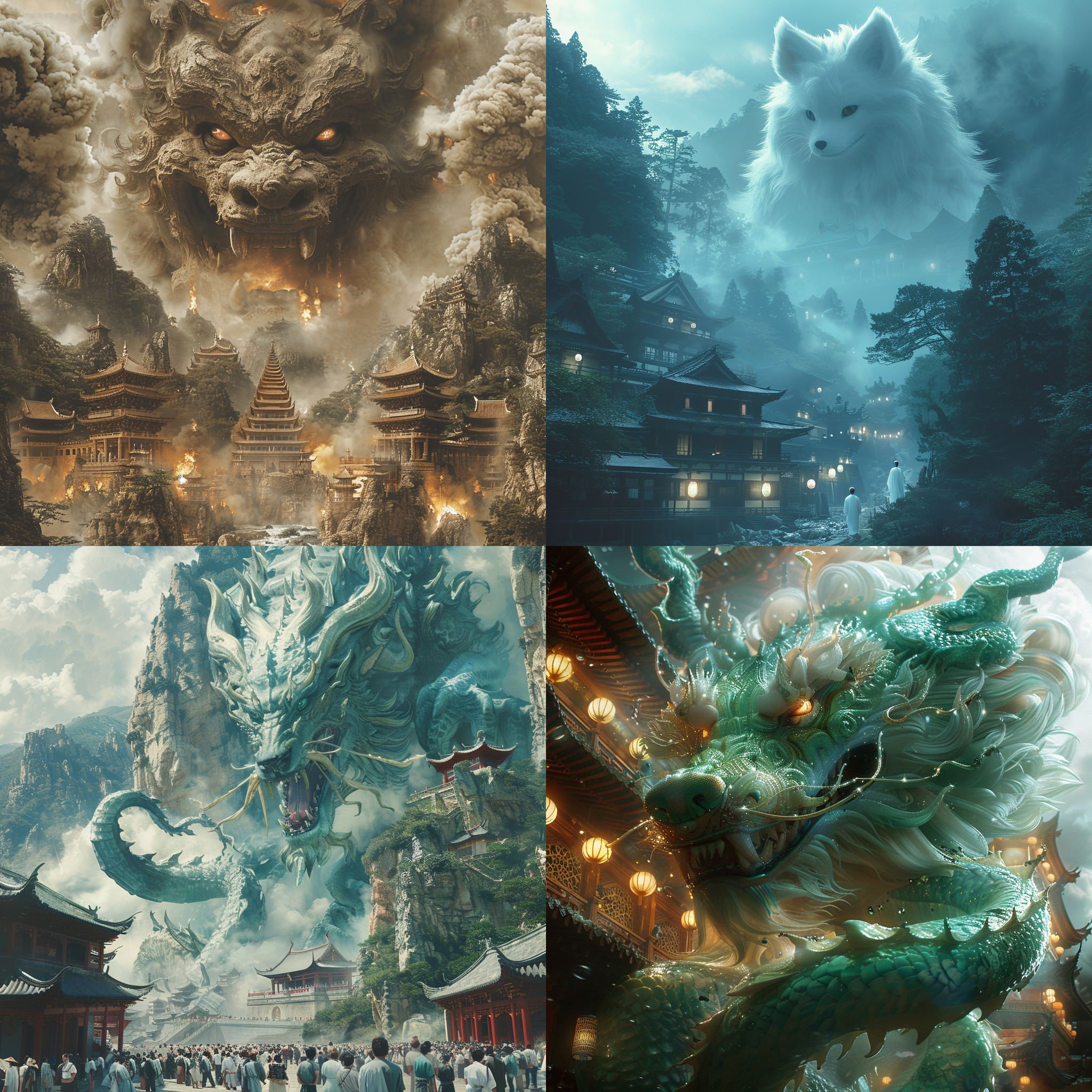 巨大的九尾妖狐，以居高临下，俯瞰众生的姿态，站在屋檐上方，脚下是灯火通明，香火鼎盛的东方寺庙，远镜头，超多细节，恢弘大气，杰作，超高清壁纸，东方玄幻风格