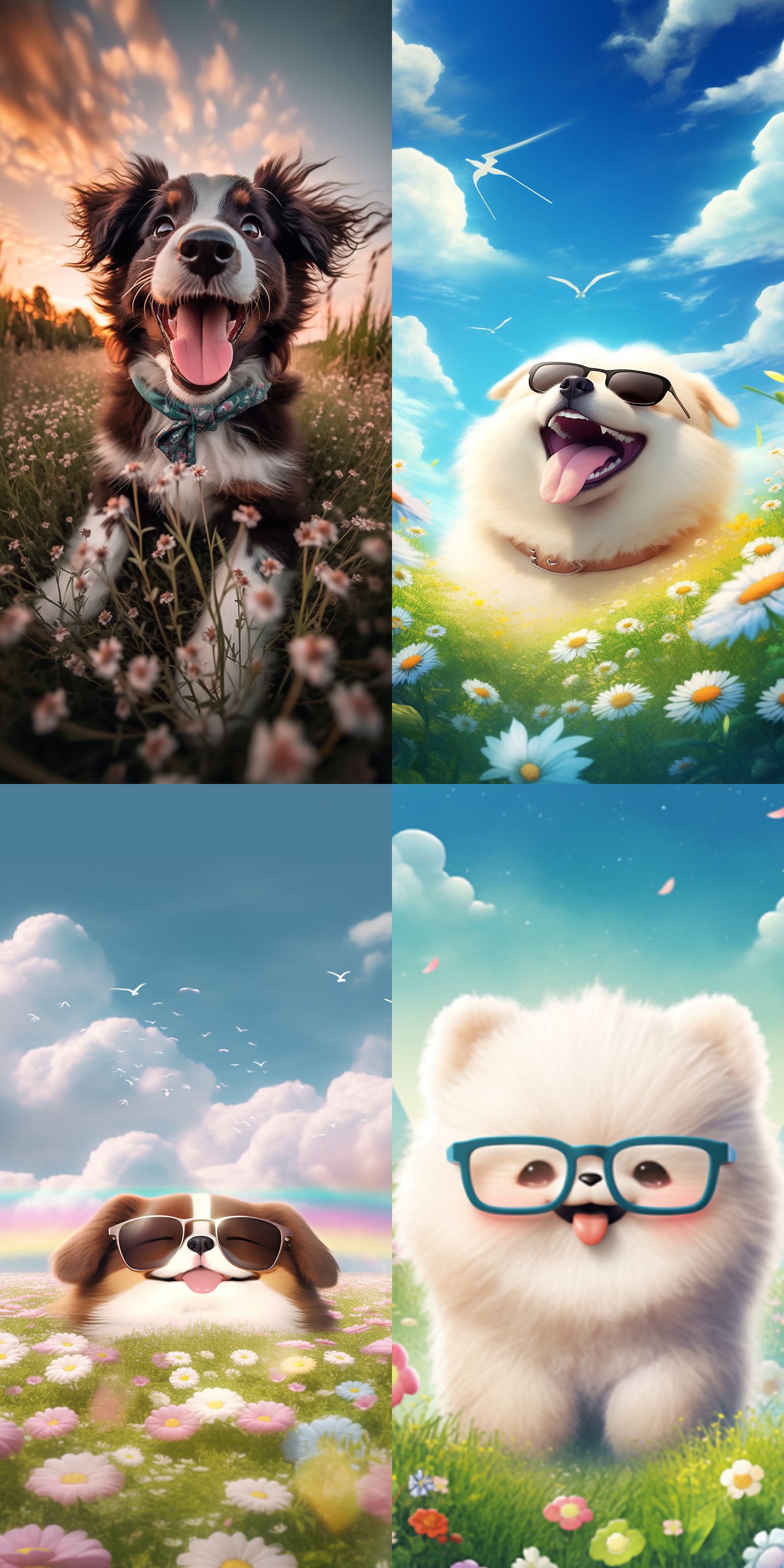 一只可爱的宠物狗戴着圆形眼镜，嘴角上扬微笑，搭配一件彩虹色的领带。它坐在一片绿草地上，周围是鲜花和蓝天白云。透过广角镜头，展现出宠物狗的天真可爱和欢乐氛围。欢快、可爱、天真、欢乐、鲜艳、明亮、自然、温馨、幸福。