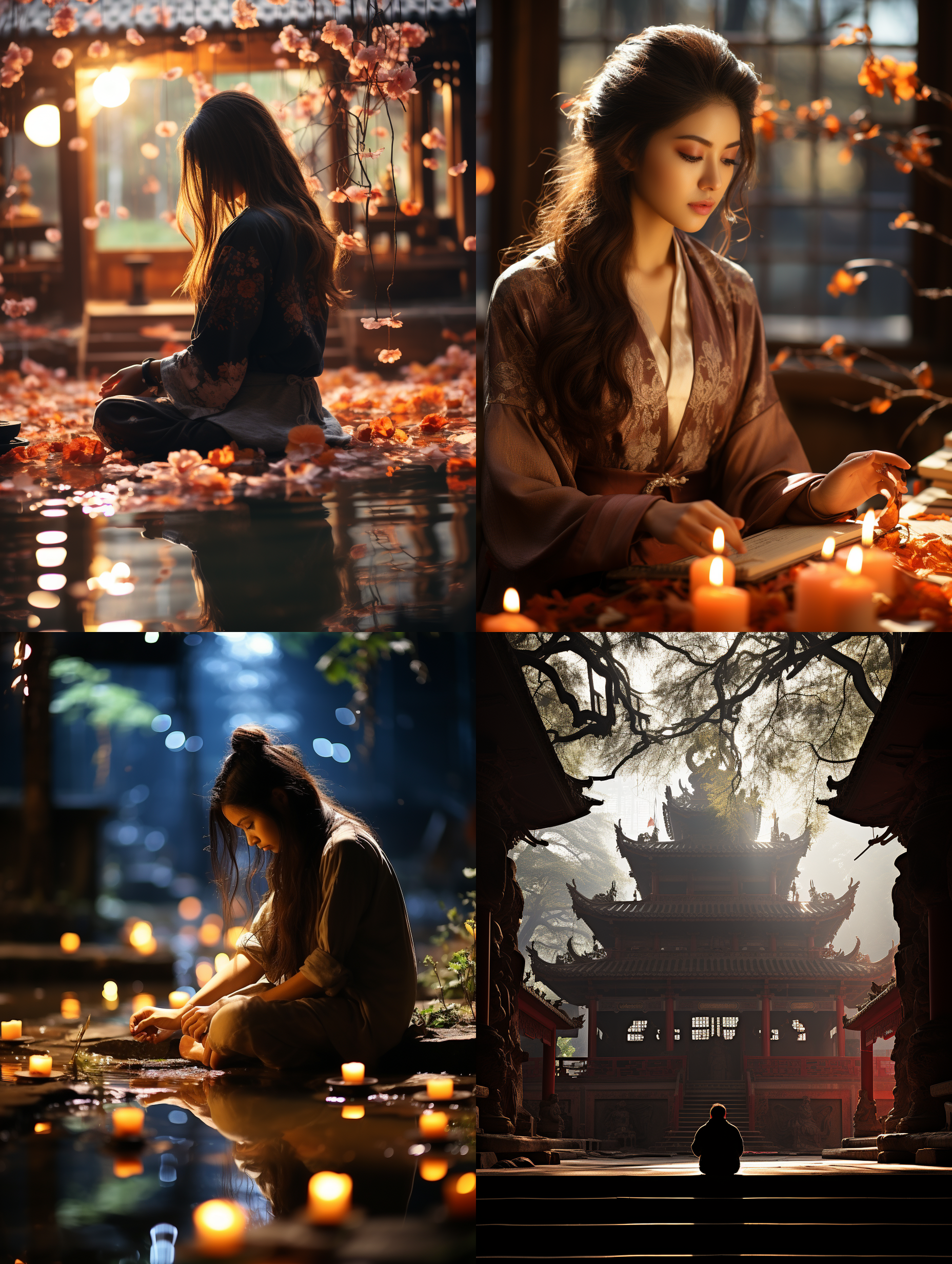 中国古寺女子祈祷，高清画质，古朴氛围，传统服饰，静谧，神秘，长焦镜头，柔和侧光，静态，虔诚，暖色调。