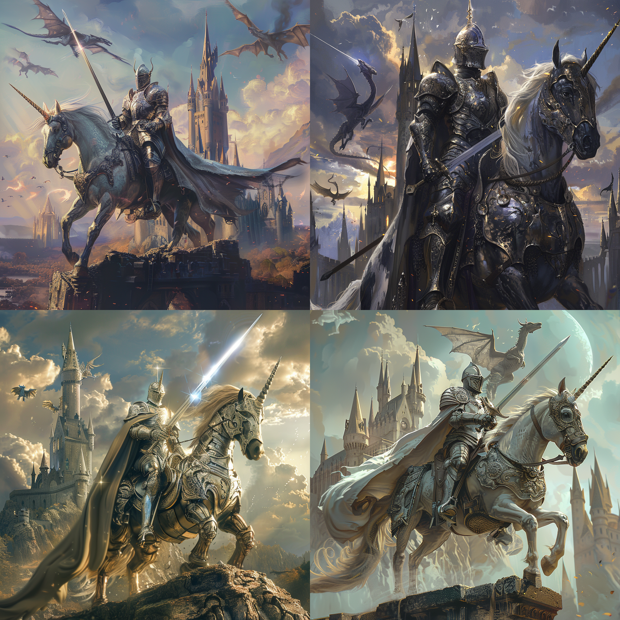 骑士挥舞骑士剑，身穿精美板甲，骑独角兽，霍格沃茨城堡背景，远景，天空盘旋着巨龙，庄严肃穆，使命感，厚重，神圣，光环，高细节，8k。, 高清晰度，骑士，独角兽，城堡，巨龙，金属质感，神秘色调，战斗姿势，中长焦距离。