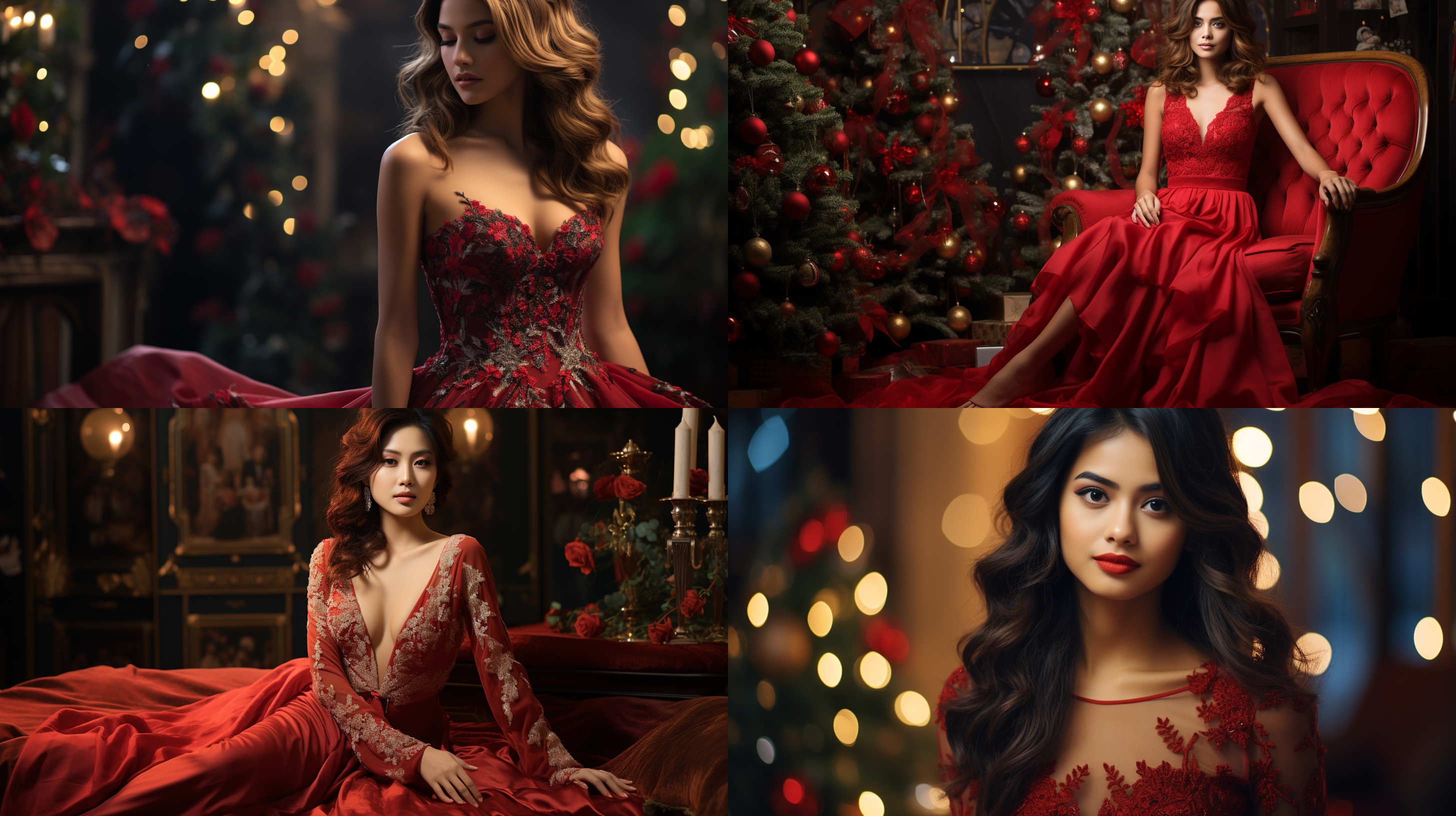 亚洲美女，圣诞树背景，红色连衣裙，蝴蝶结，坐姿，柔和烛光，天鹅绒质感，轻松笑容，单反相机，卧室环境，远景构图，最佳画质。