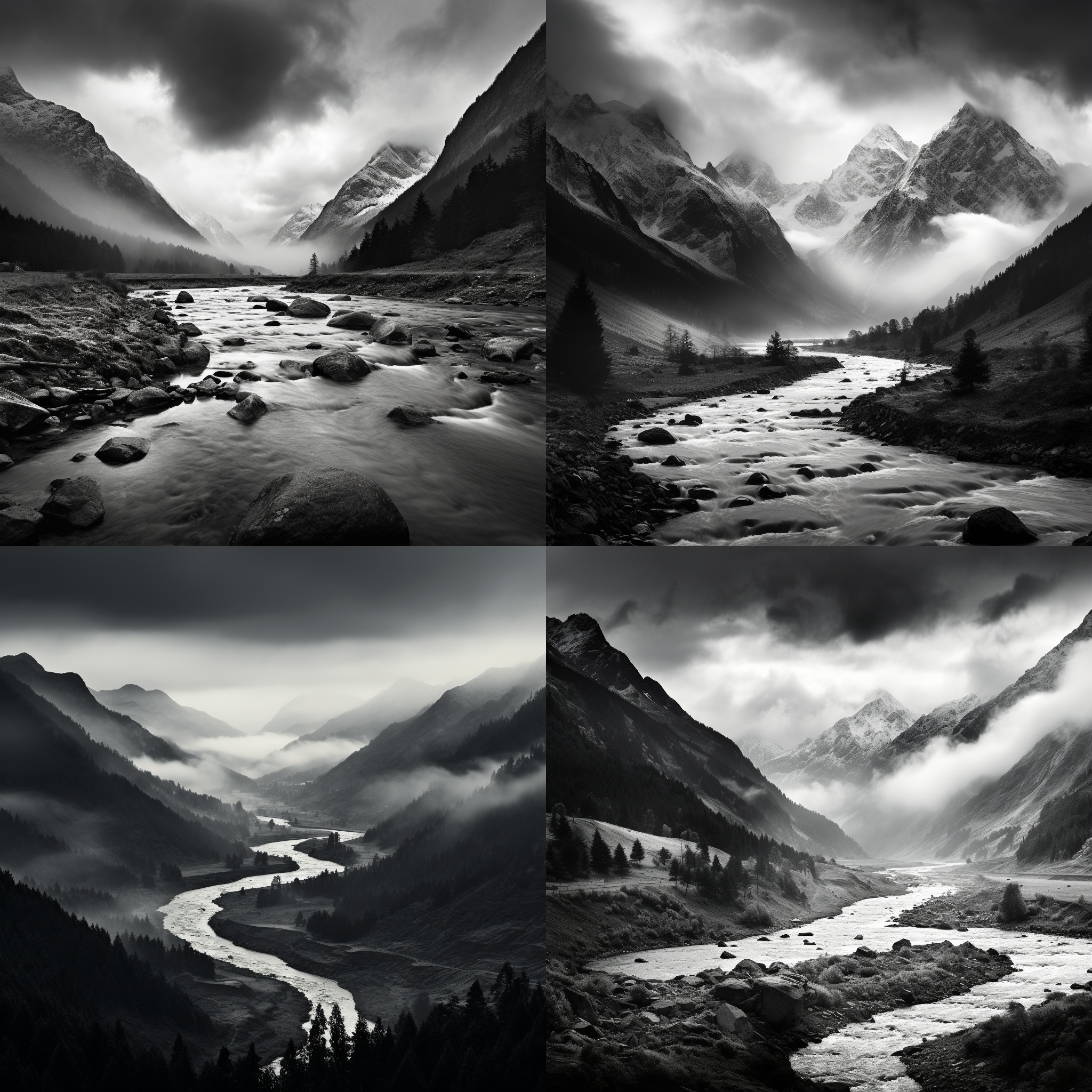 山河云朵消失，黑白色调，高对比度，广角镜头，远景，静态，寂静，庄严，神秘。