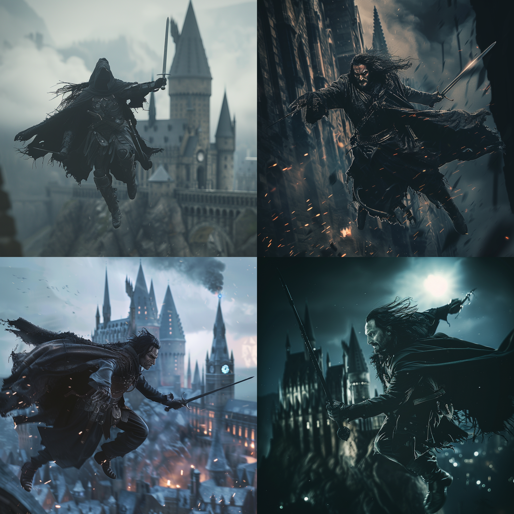 黑发战士，坚毅面容，破旧皮甲，剑和魔杖，扫帚，飞向霍格沃茨城堡，披风飘动，远景，8k，高对比度，中长焦，暗色调，史诗，壮丽。