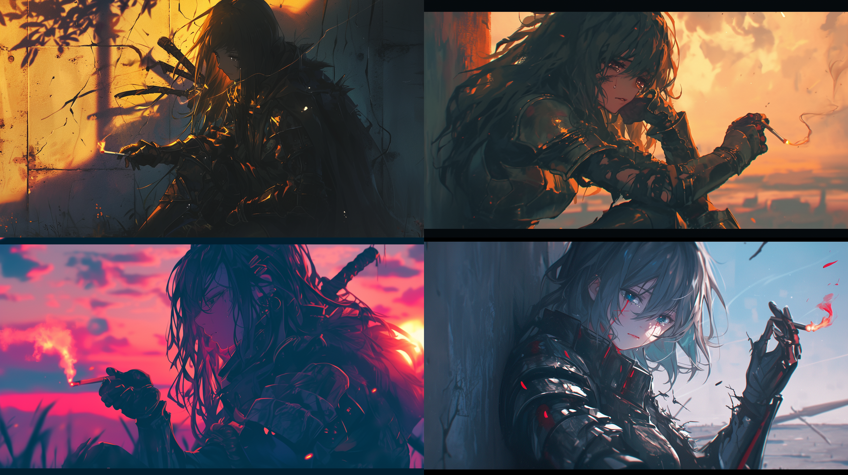 女骑士手拿燃着的香烟，眼中有泪光，坐姿随意，盔甲破烂，伤痕累累，脸上有伤痕，靠着墙壁，余晖与黑夜交接，长焦镜头，夕阳照耀，忧伤，日本动漫画风，4k画质