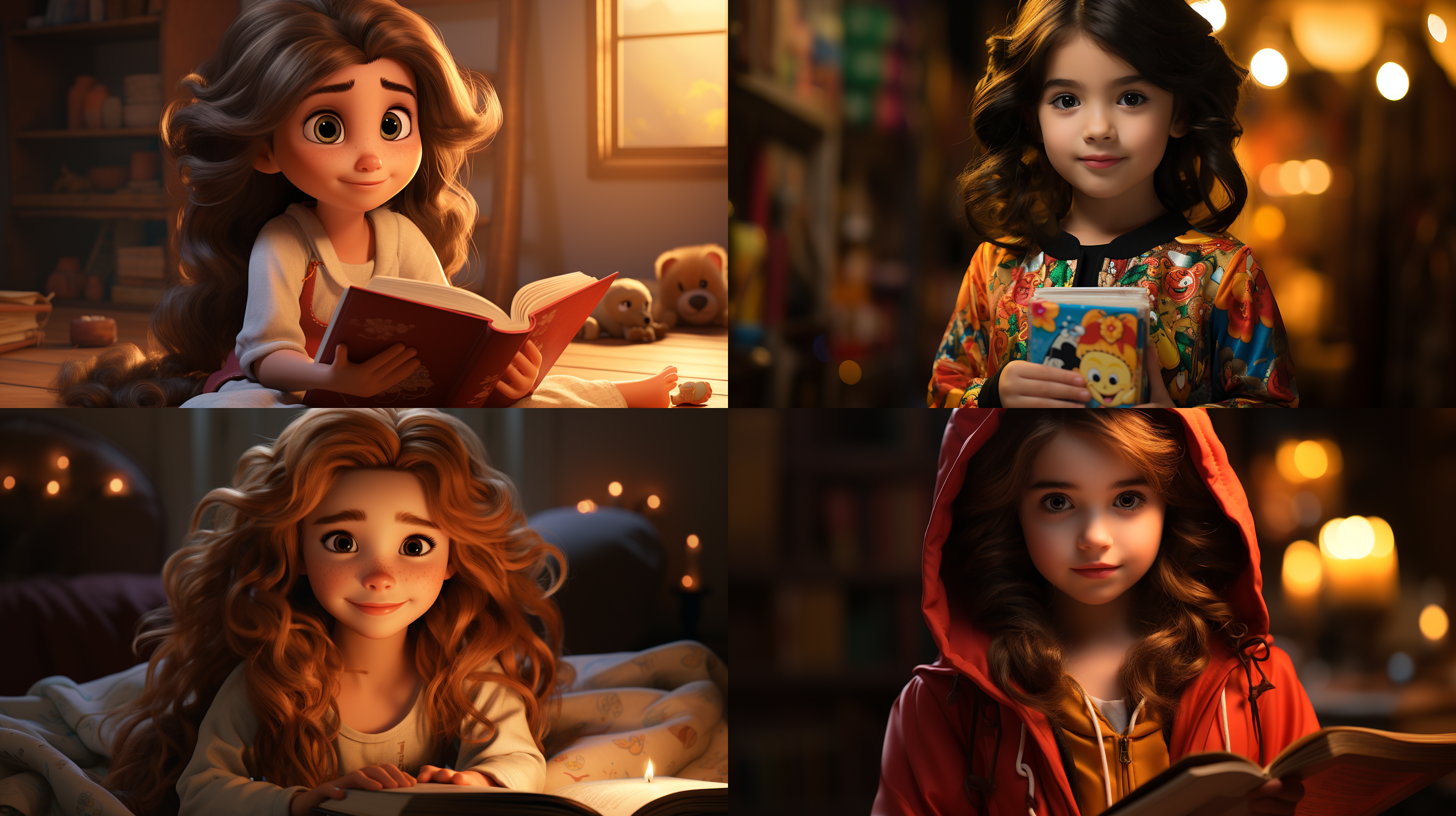 小女孩抱书，迪士尼风格，简洁背景，明亮色调，全身特写，细节丰富，表情天真，卡通风格，柔和光线，中焦镜头，温馨，童真，彩色。