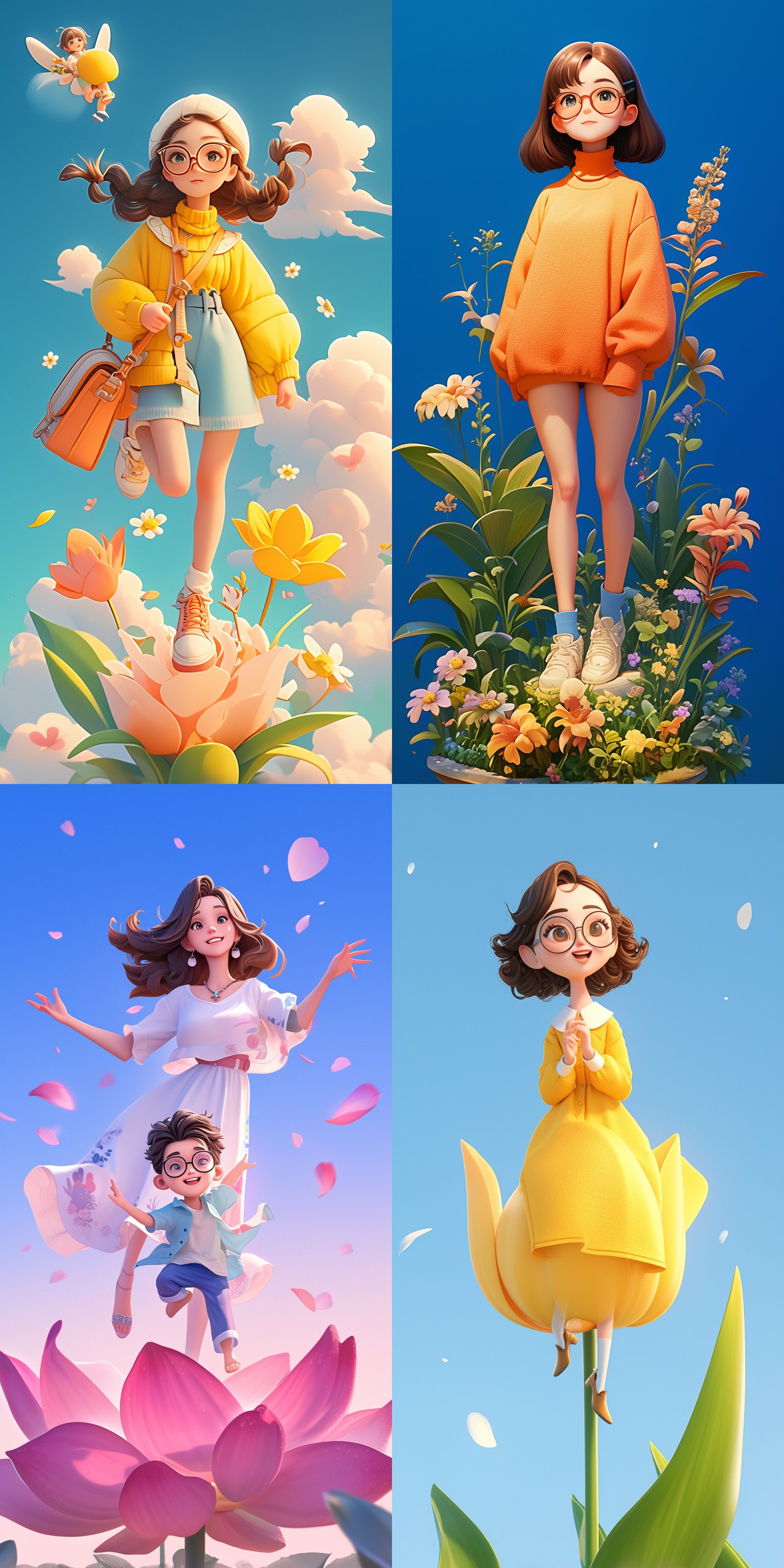3d cartoon style rendering, mother standing on a flower, with perfect facial details and exquisite character details. next to her, there is a child wearing glasses happily jumping, panoramic, large aperture, trendy fashion clothing, new trendy portraits, vibrant colors, pop mart production, delicate luster, clean background, 8k gradient translucent glass melt, frosted glass