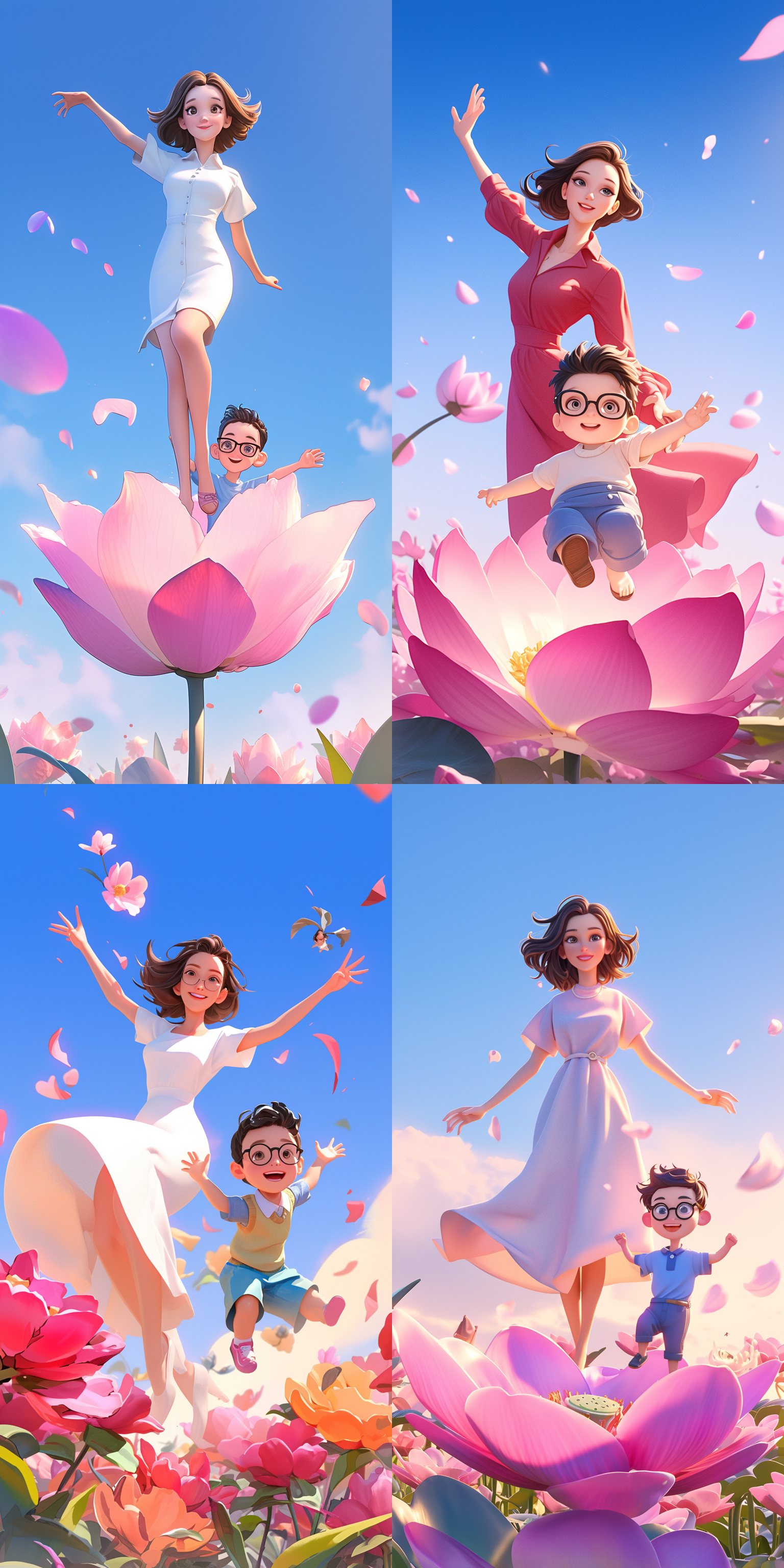 3d cartoon style rendering, mother standing on a flower, with perfect facial details and exquisite character details. next to her, there is a child wearing glasses happily jumping, panoramic, large aperture, trendy fashion clothing, new trendy portraits, vibrant colors, pop mart production, delicate luster, clean background, 8k gradient translucent glass melt, frosted glass