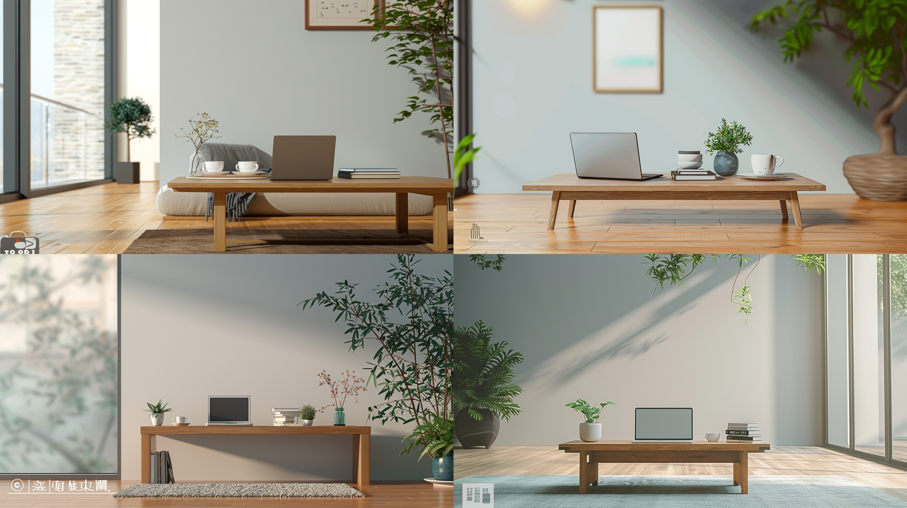 笔记本电脑，咖啡，绿植，办公椅，书籍，客厅桌子，自然光，温暖色调，静态，舒适，现代风格，室内环境，细节丰富，明亮的，象牙白，北欧室内，dslr拍摄。 明亮的 象牙白 北欧室内 dslr拍摄 人物视角 俯视 特写 阳光照射